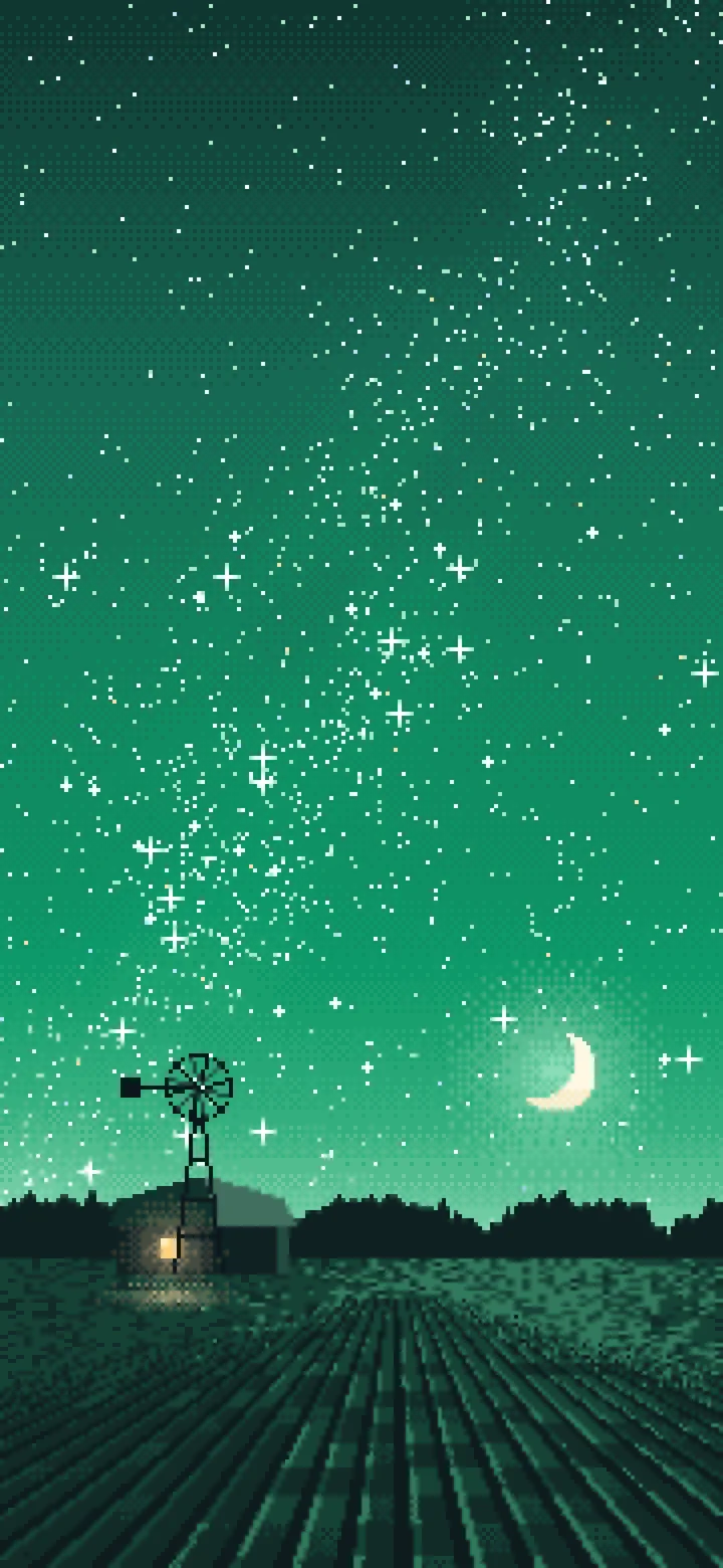Emerald Pixel Art Starry Night Sky Over a Field wallpaper for iPhone and Android