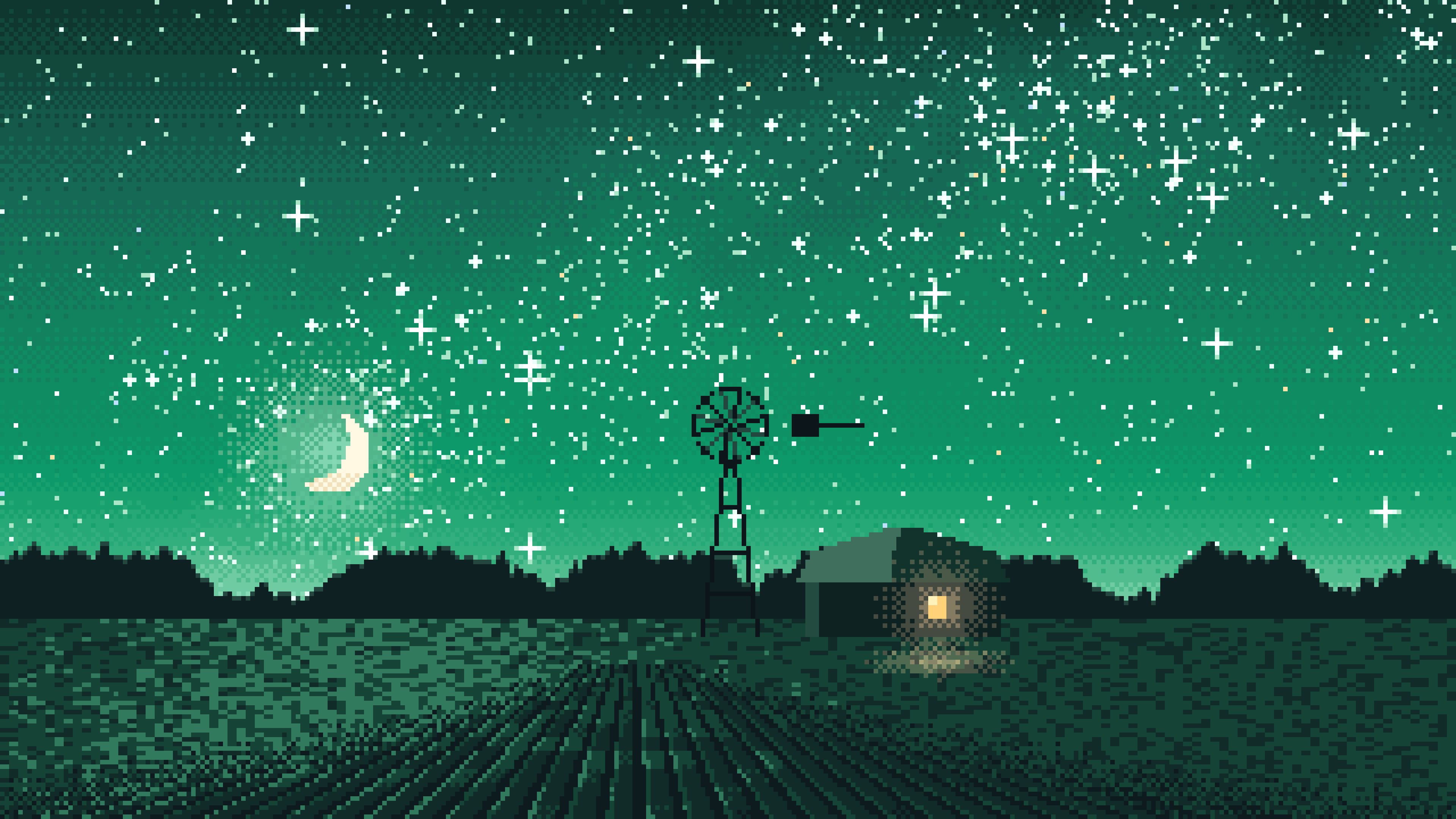 Emerald Pixel Art Starry Night Sky Over a Field desktop wallpaper in 4K