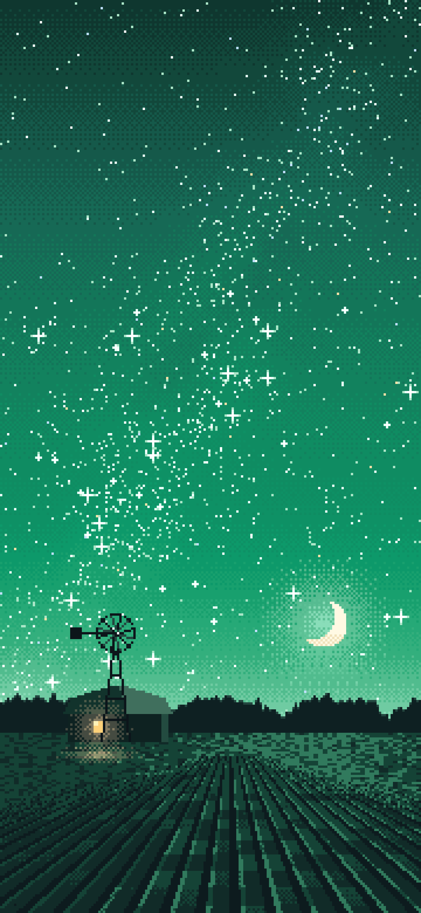 Emerald Pixel Art Starry Night Sky Over a Field wallpaper for iPhone and Android
