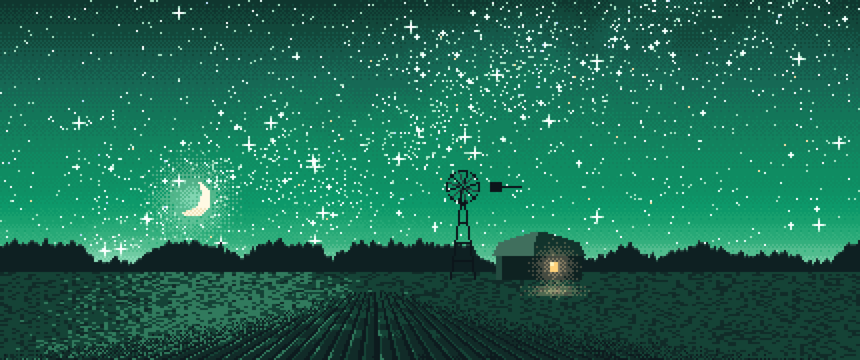 Emerald Pixel Art Starry Night Sky Over a Field ultrawide wallpaper, 3440 × 1440