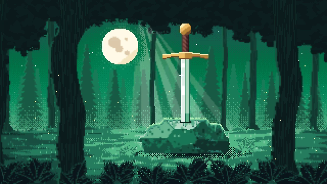 Emerald Pixel Art Sword in a Forest Clearing at Night desktop wallpaper in 4K