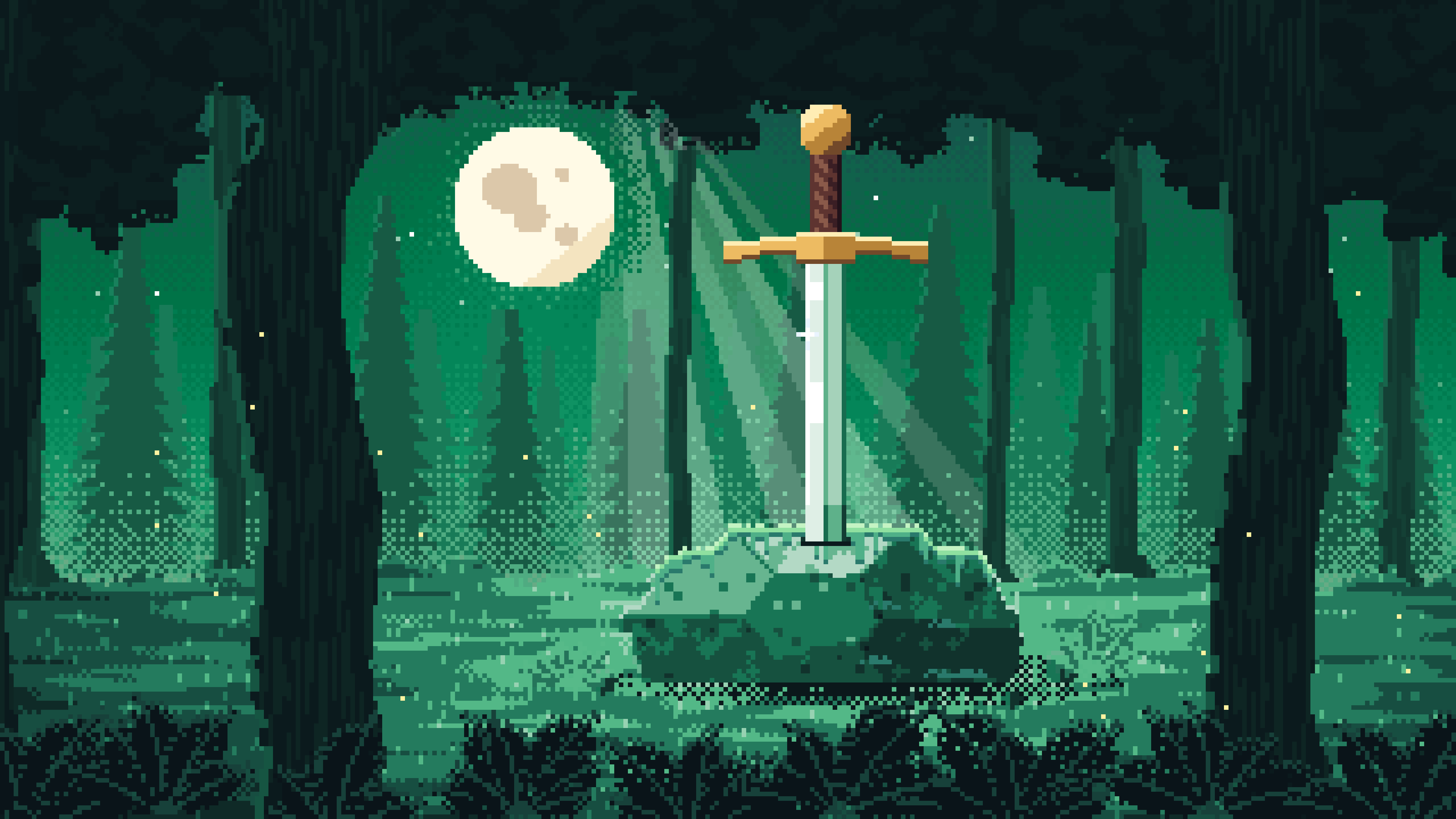 Emerald Pixel Art Sword in a Forest Clearing at Night desktop wallpaper in 4K