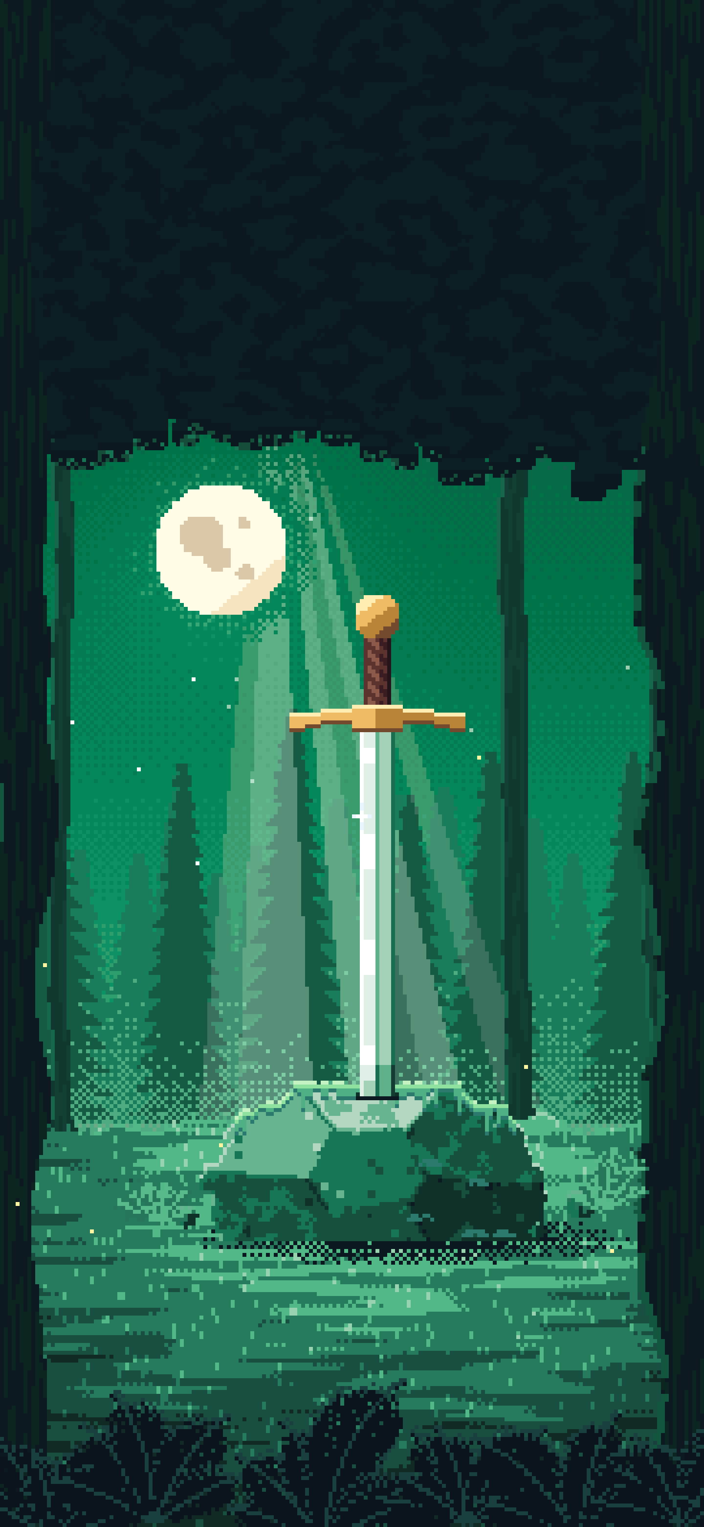 Emerald Pixel Art Sword in a Forest Clearing at Night wallpaper for iPhone and Android