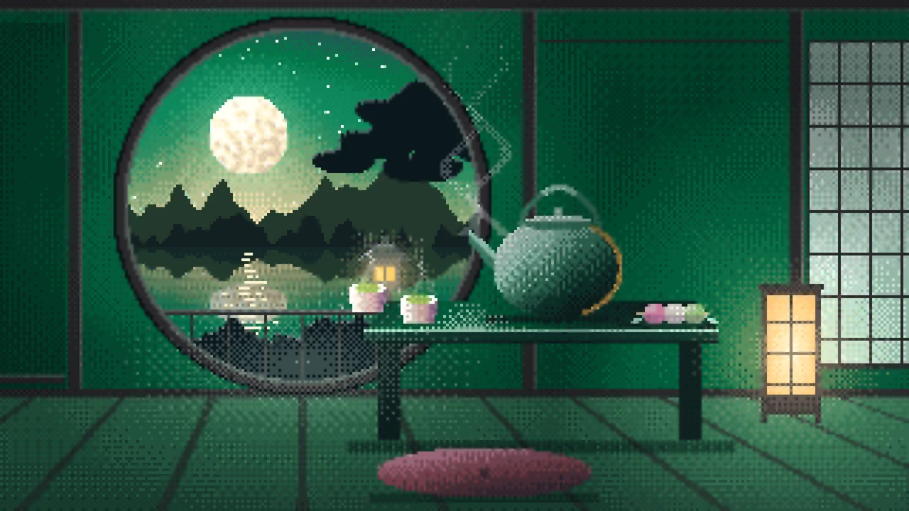 Emerald Pixel Art Tea House and Moon Window desktop wallpaper in 4K