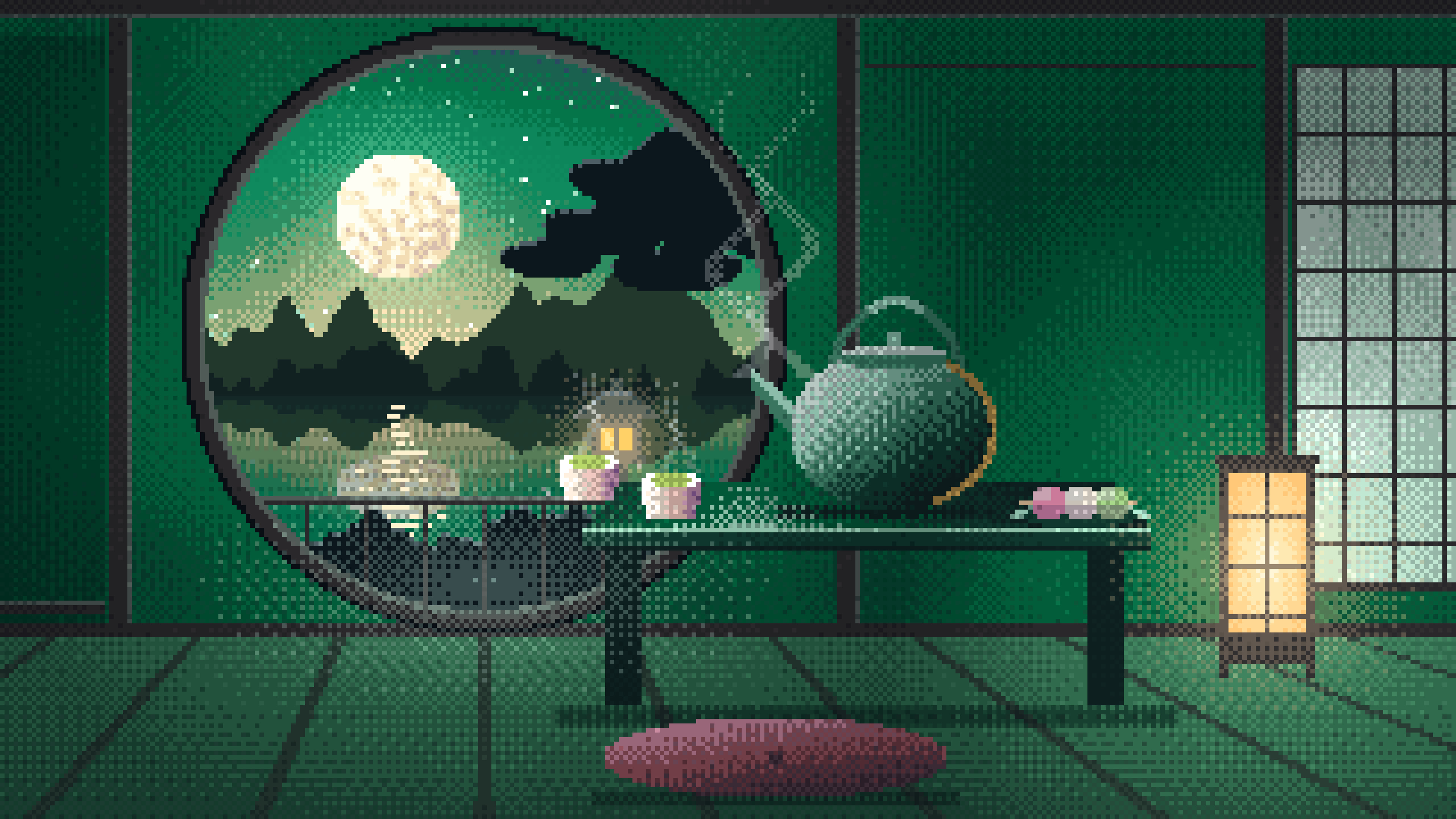 Emerald Pixel Art Tea House and Moon Window desktop wallpaper in 4K