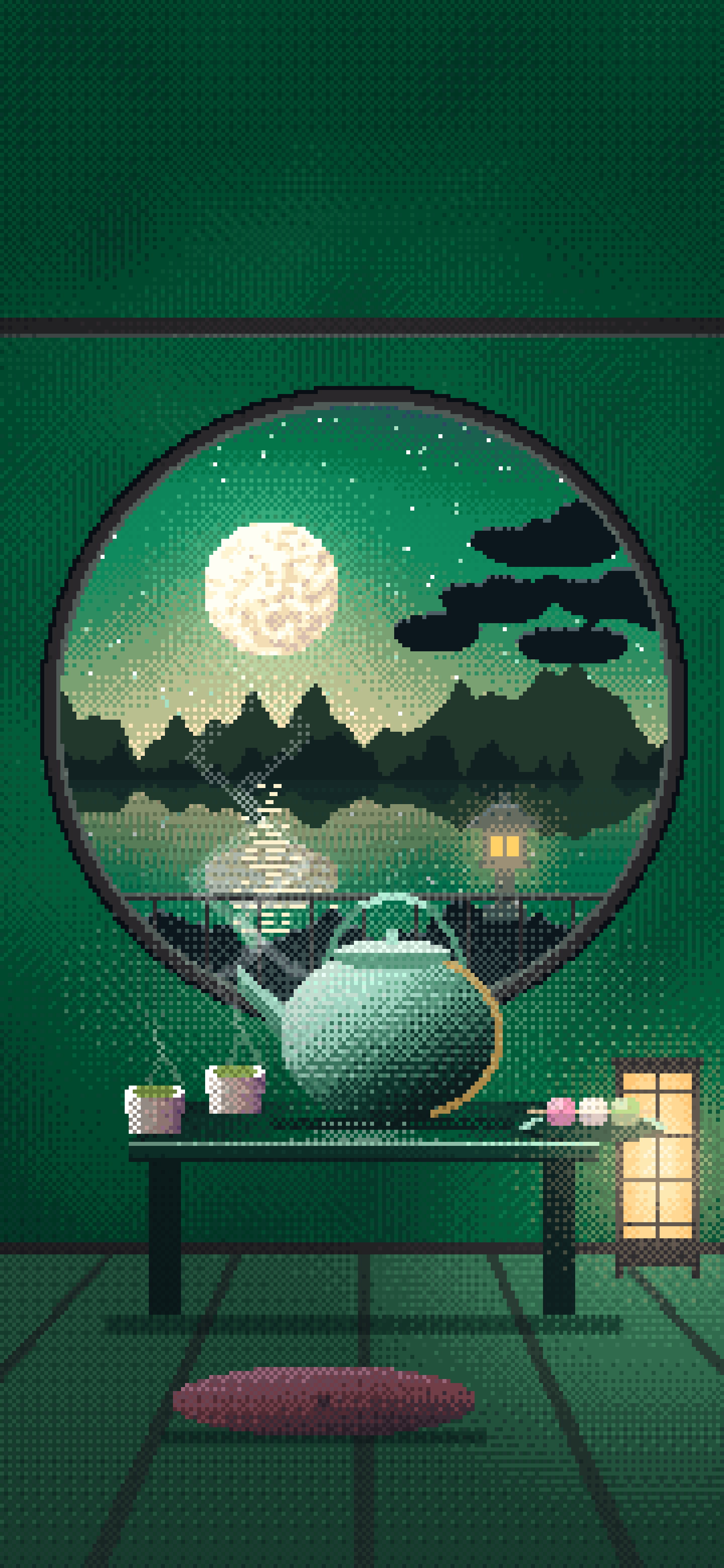Emerald Pixel Art Tea House and Moon Window wallpaper for iPhone and Android
