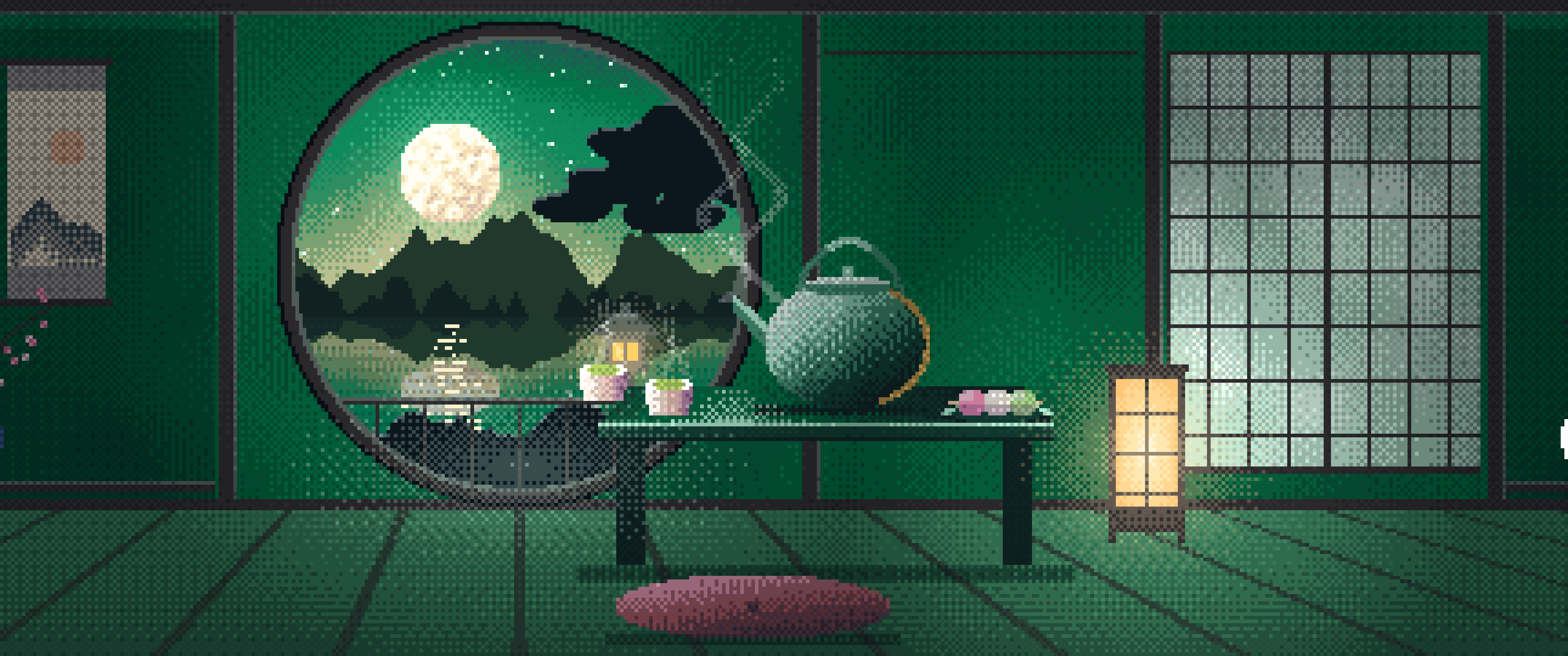 Emerald Pixel Art Tea House and Moon Window ultrawide wallpaper, 3440 × 1440