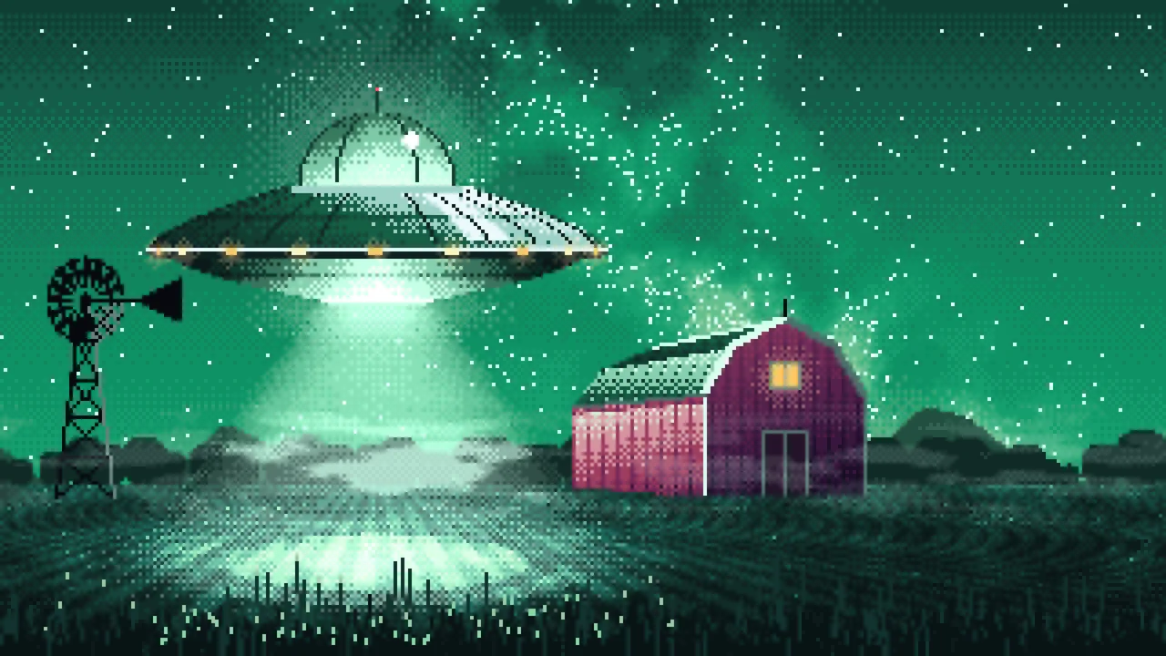Emerald Pixel Art UFO over a Farm at Night desktop wallpaper in 4K