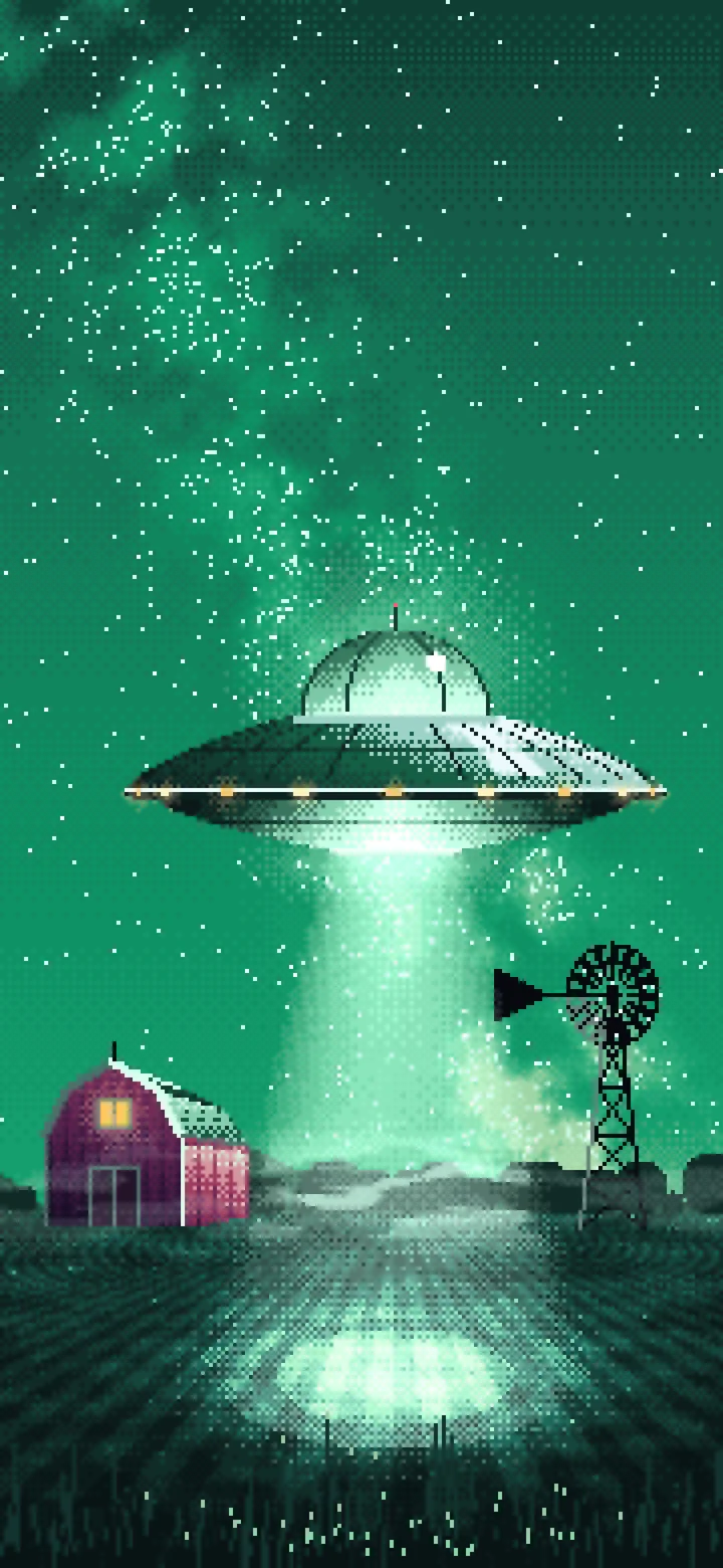 Emerald Pixel Art UFO over a Farm at Night wallpaper for iPhone and Android