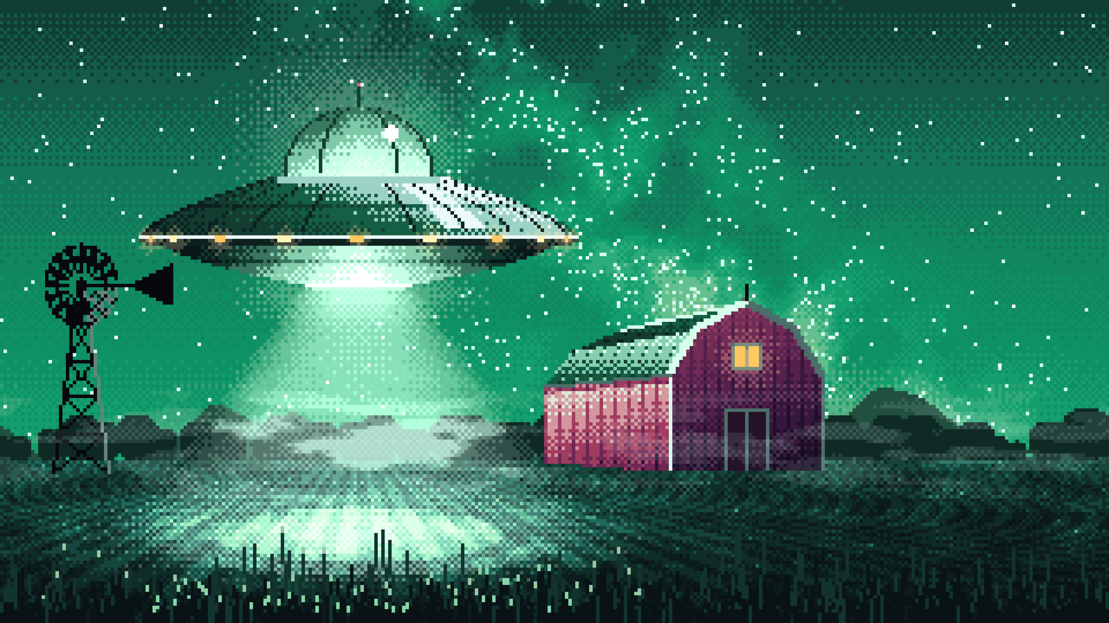 Emerald Pixel Art UFO over a Farm at Night desktop wallpaper in 4K