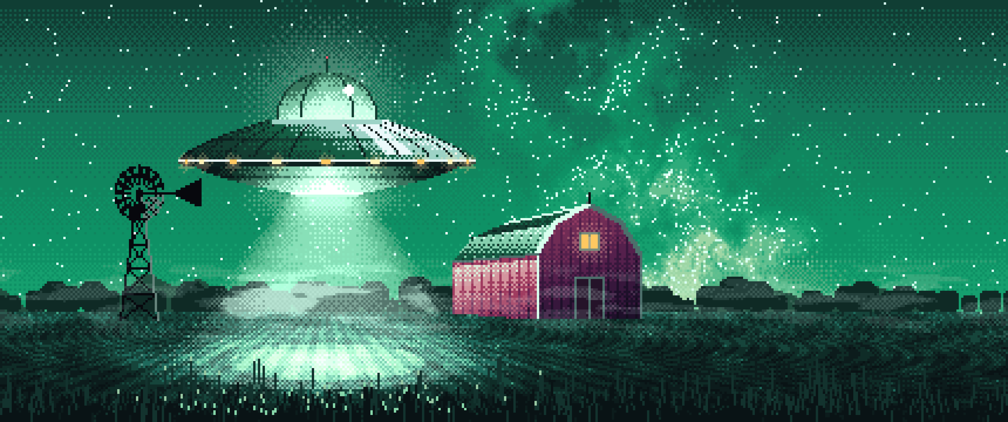 Emerald Pixel Art UFO over a Farm at Night ultrawide wallpaper, 3440 × 1440