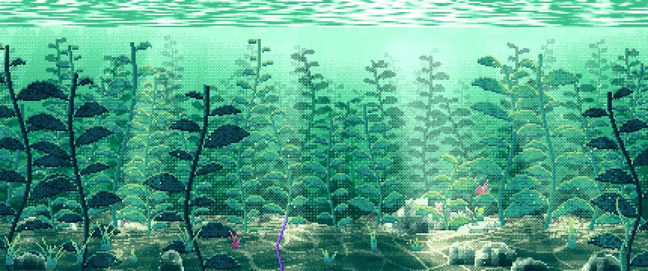 Emerald Pixel Art Underwater Kelp Forest ultrawide wallpaper, 3440 × 1440
