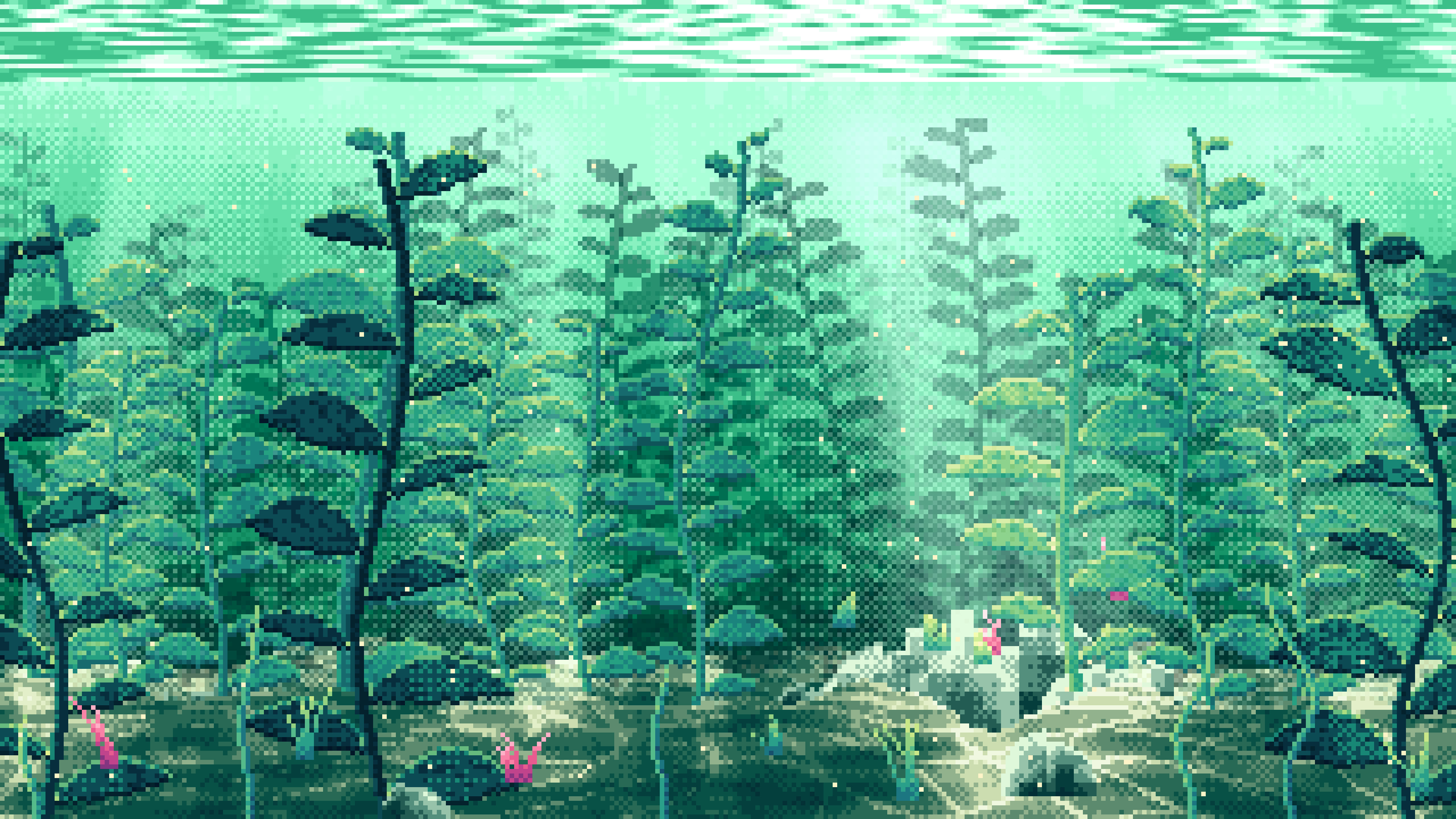 Emerald Pixel Art Underwater Kelp Forest desktop wallpaper in 4K
