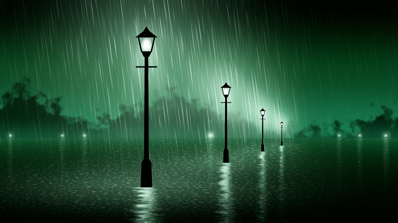 Emerald Rainy Street Lamp desktop wallpaper in 4K