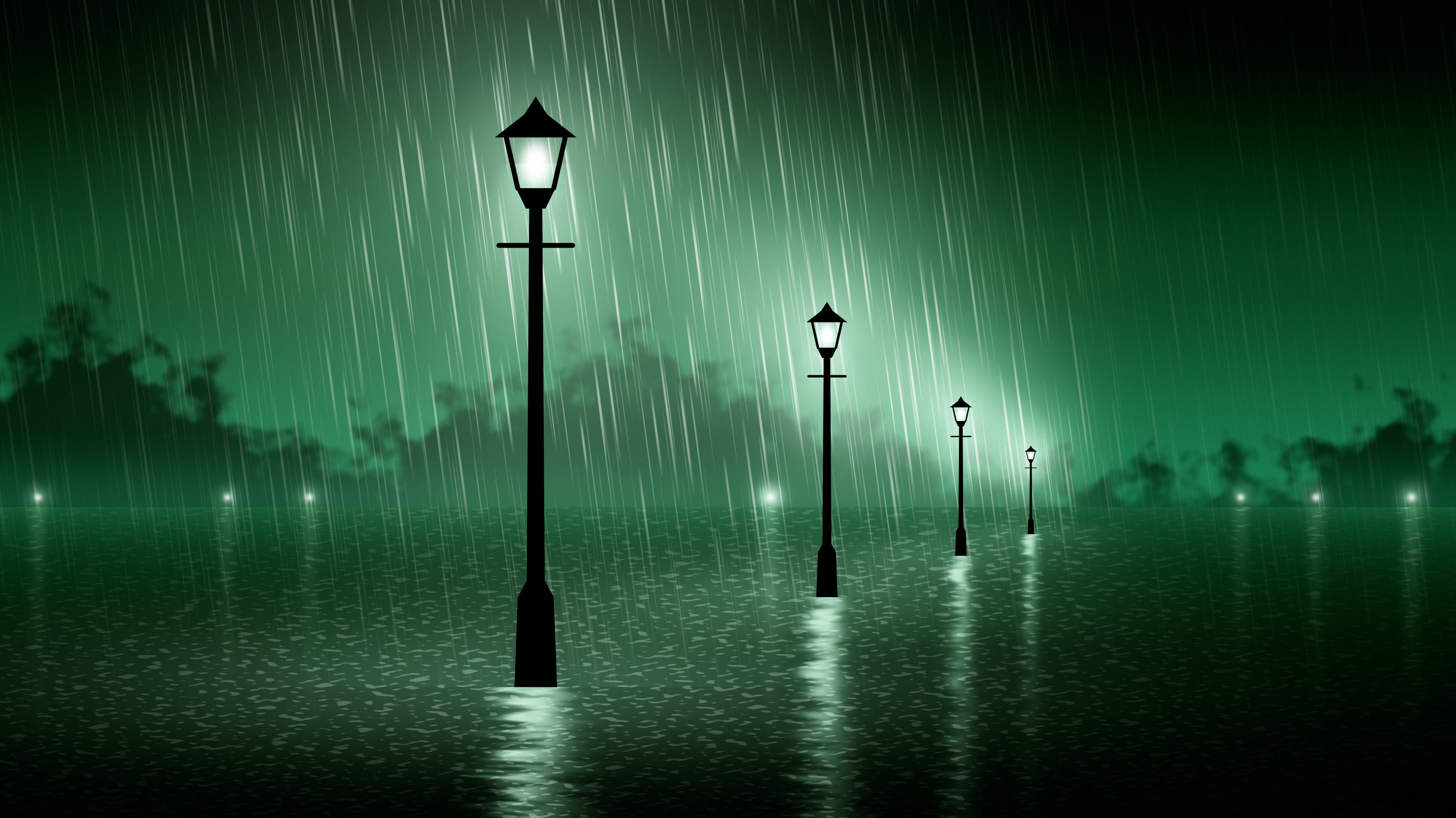 Emerald Rainy Street Lamp desktop wallpaper in 4K