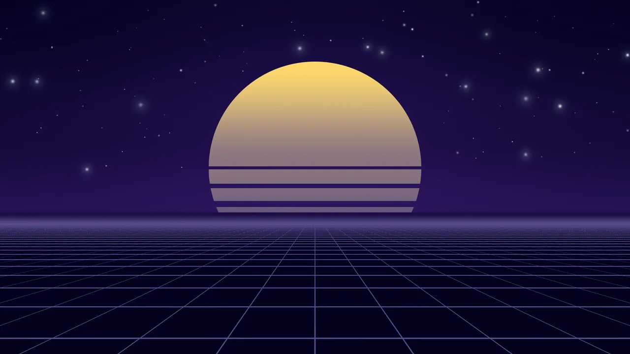Galaxy Synthwave Grid Sunset desktop wallpaper in 4K
