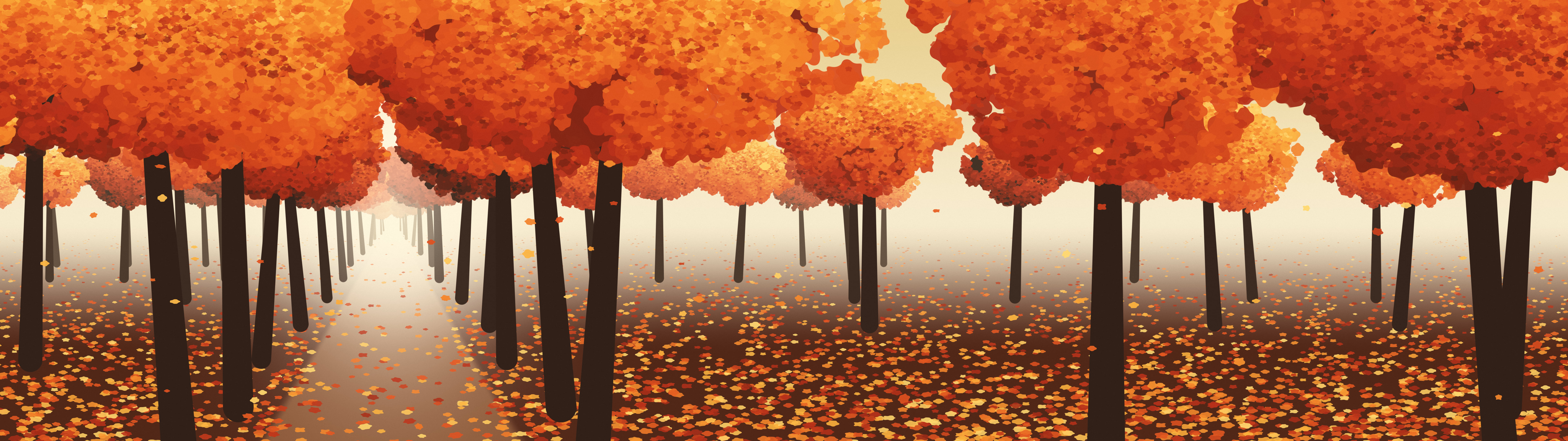 Gold Autumn Path dual monitor wallpaper, 7680 × 2160