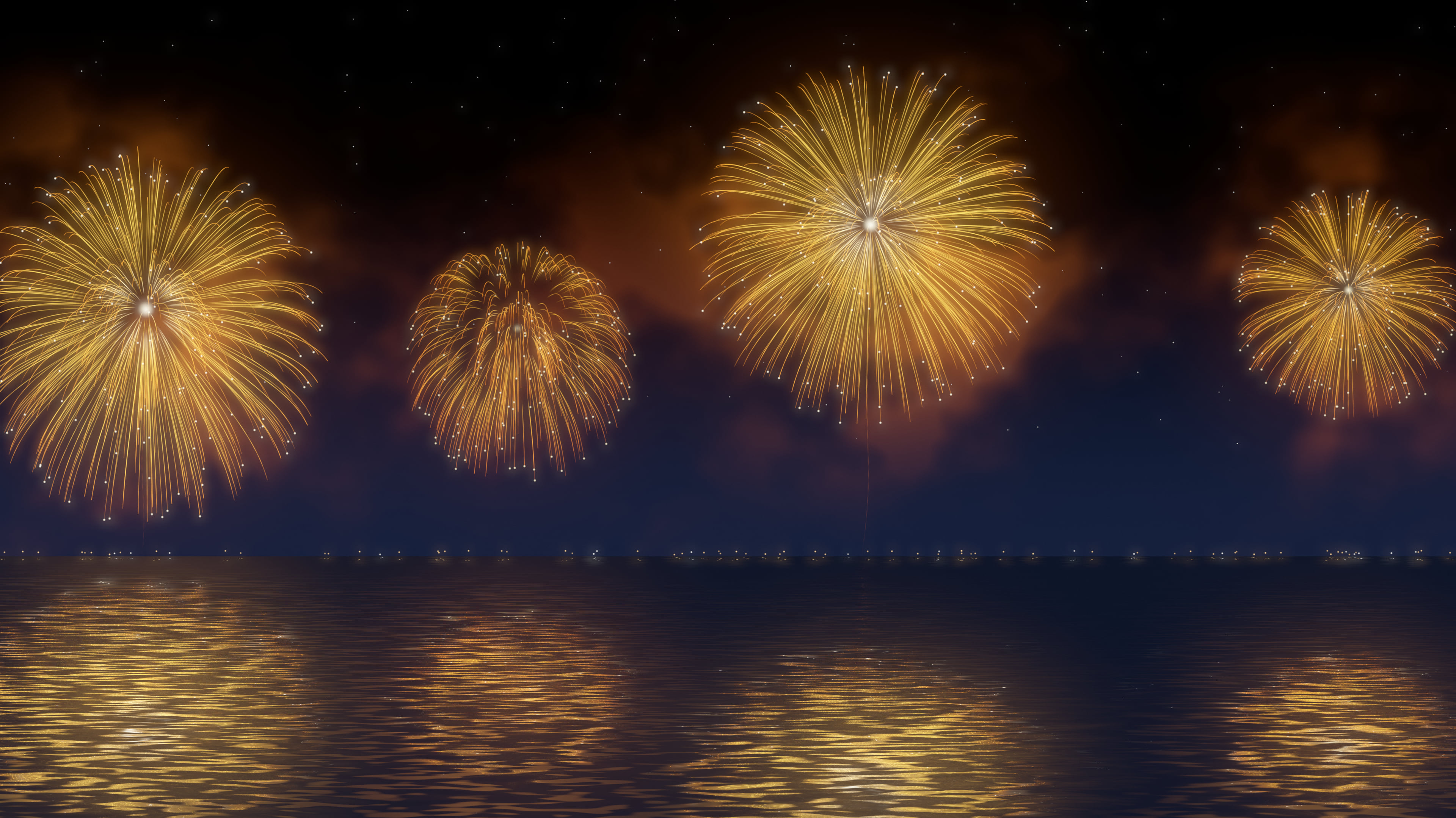 Gold Fireworks Over Water desktop wallpaper in 4K