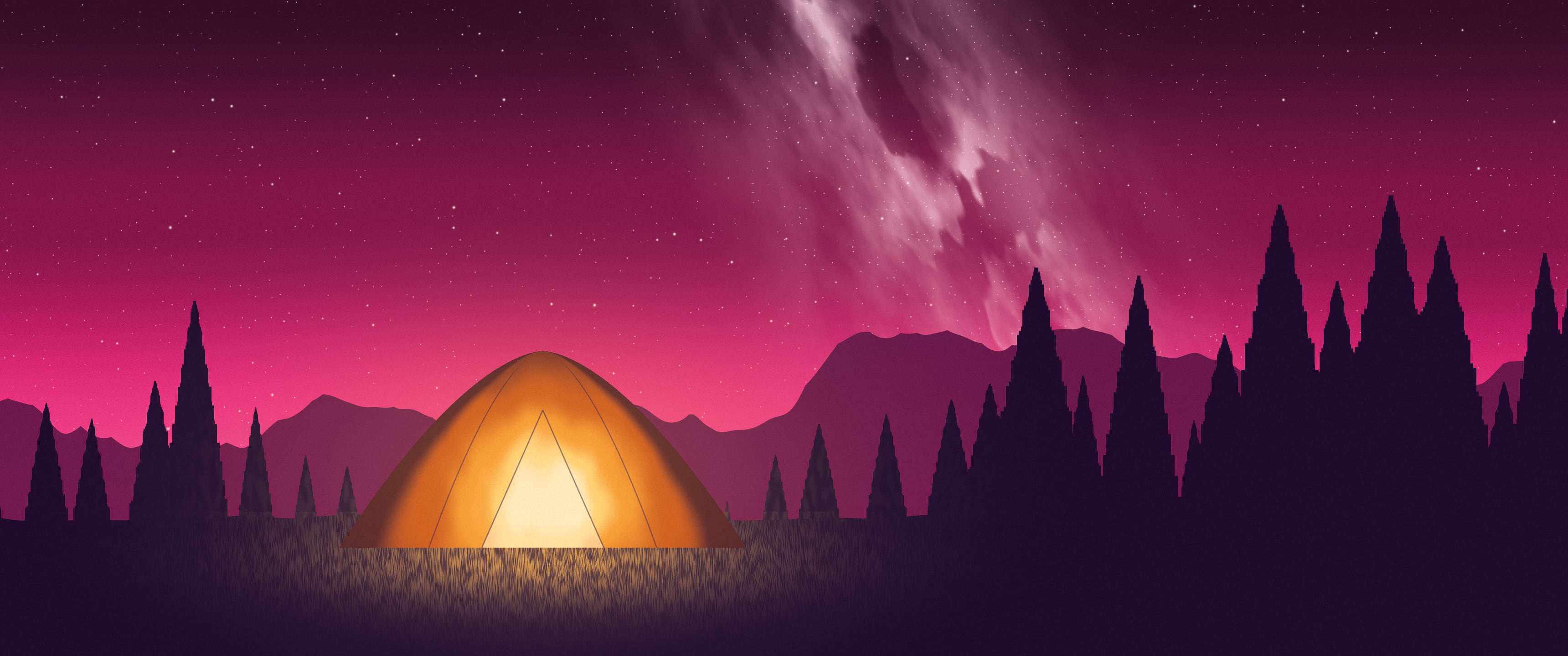 Hot Pink Camping Tent Under the Milky Way ultrawide wallpaper, 3440 × 1440