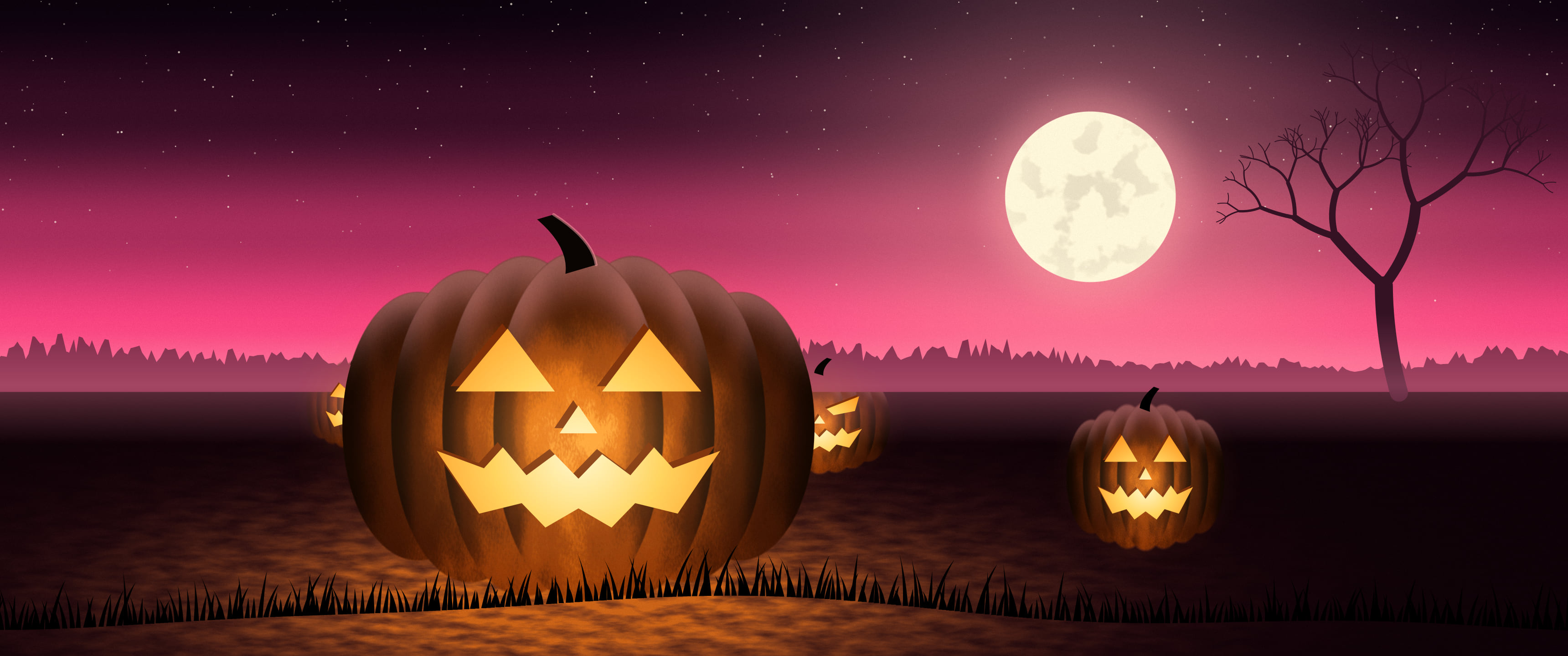 Hot Pink Carved Jack O Lantern ultrawide wallpaper, 3440 × 1440
