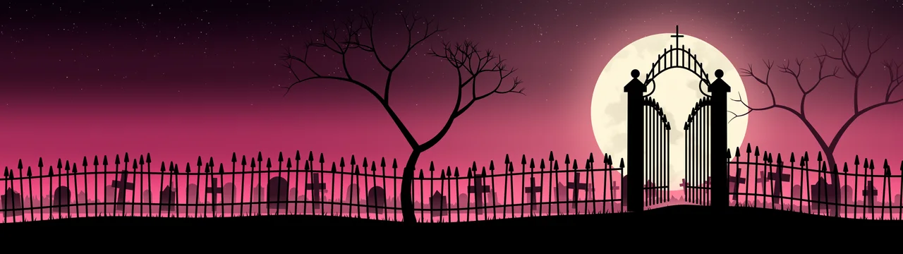 Hot Pink Cemetery Gate dual monitor wallpaper, 7680 × 2160