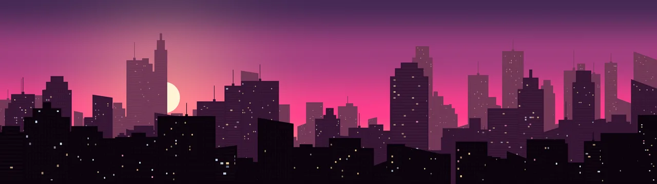 Hot Pink City Skyline Sunset dual monitor wallpaper, 7680 × 2160