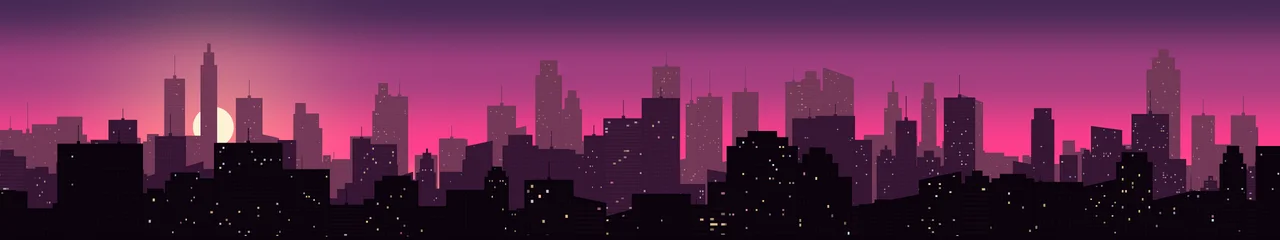 Hot Pink City Skyline Sunset triple monitor wallpaper, 7680 × 1440