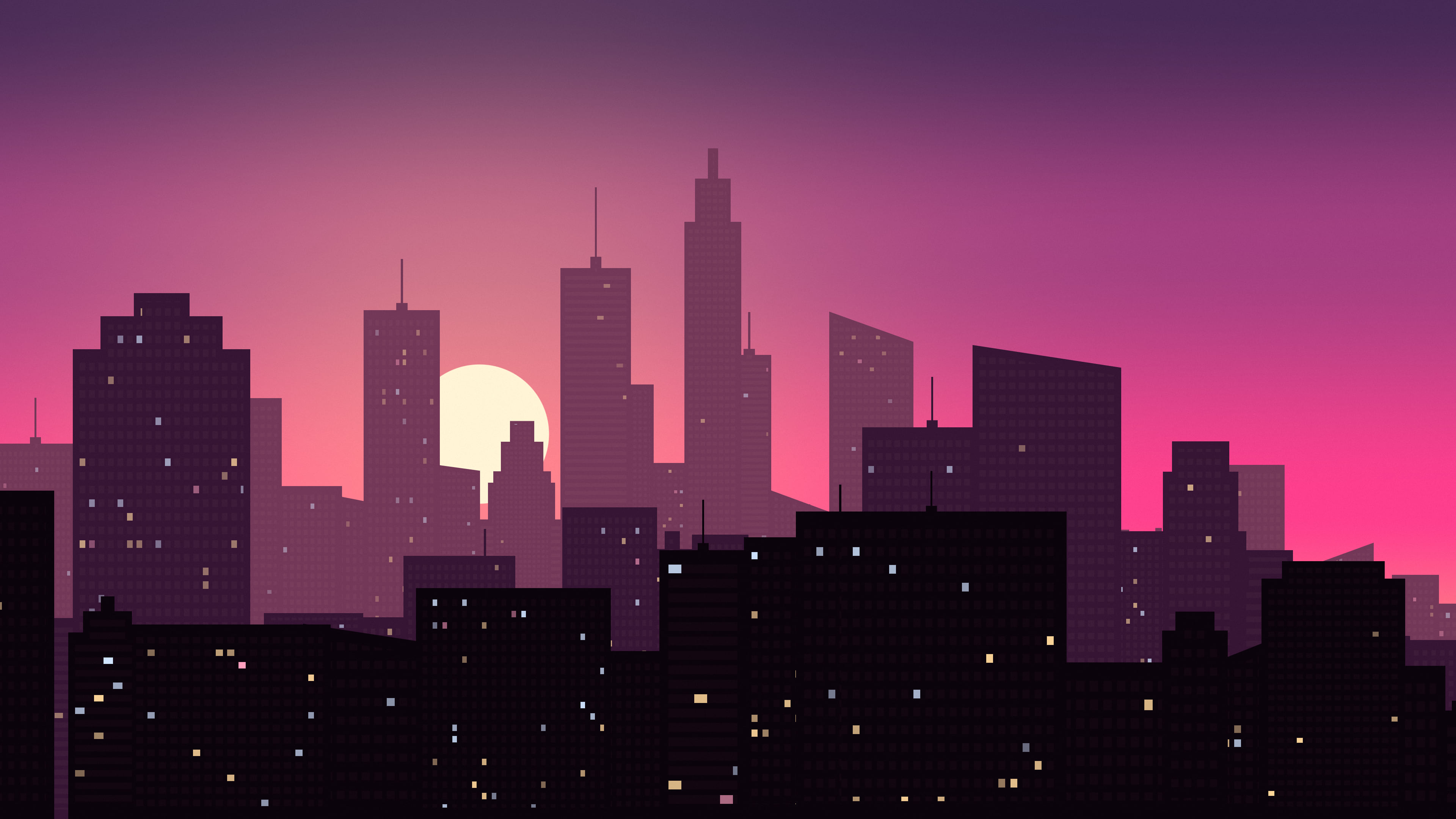Hot Pink City Skyline Sunset desktop wallpaper in 4K