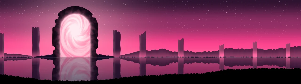 Hot Pink Fantasy Stone Portal dual monitor wallpaper, 7680 × 2160