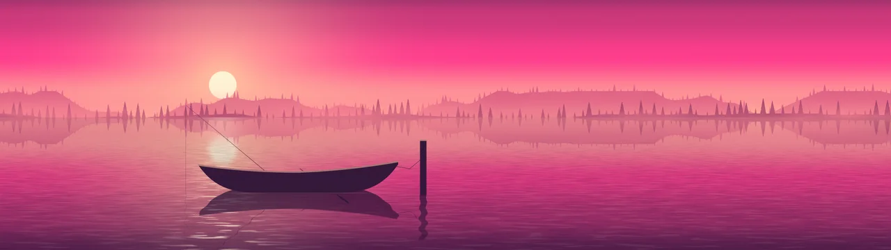 Hot Pink Fishing Rowboat on a Misty Lake dual monitor wallpaper, 7680 × 2160