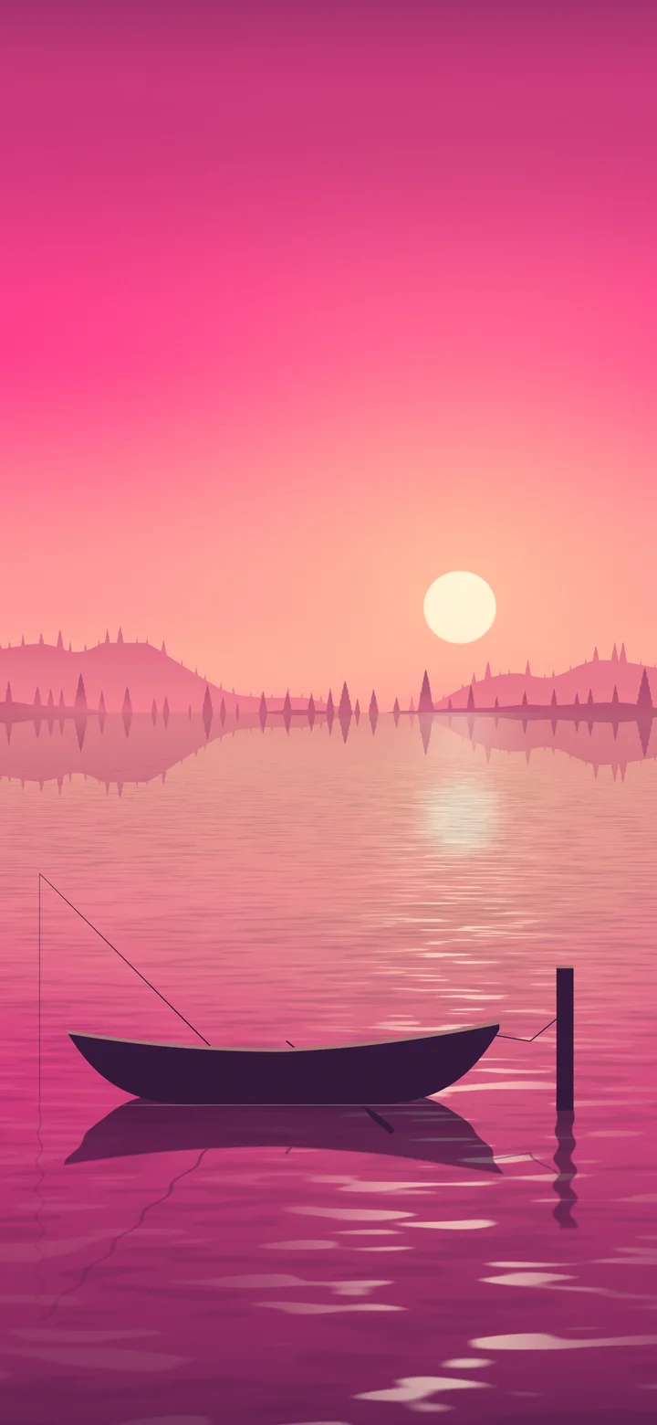 Hot Pink Fishing Rowboat on a Misty Lake wallpaper for iPhone and Android
