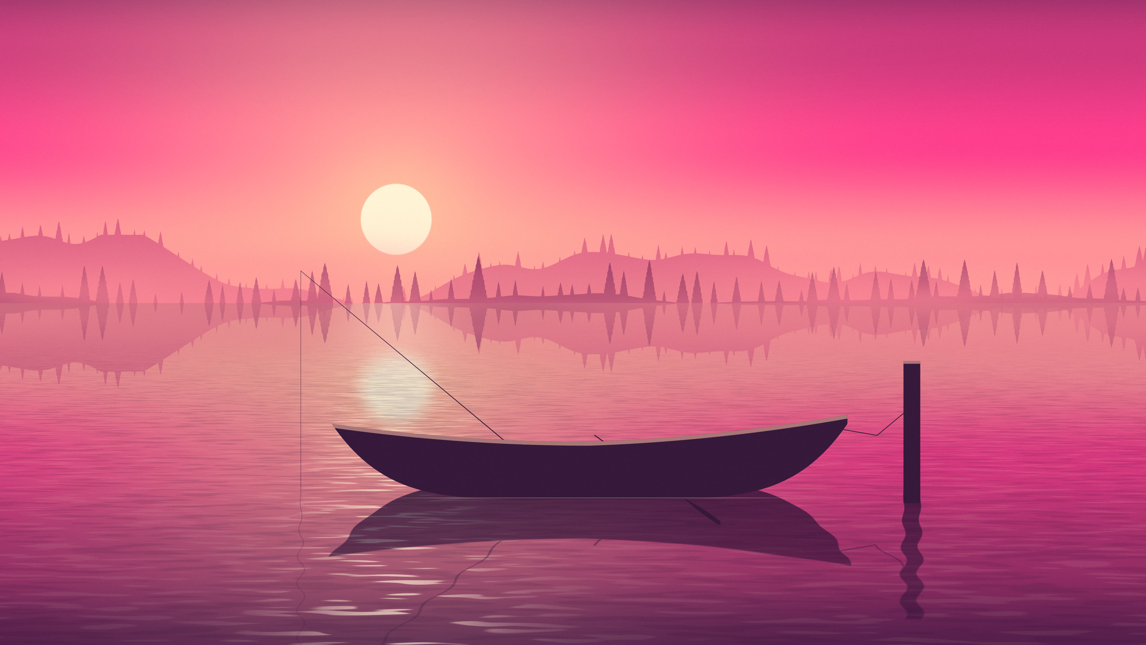 Hot Pink Fishing Rowboat on a Misty Lake desktop wallpaper in 4K