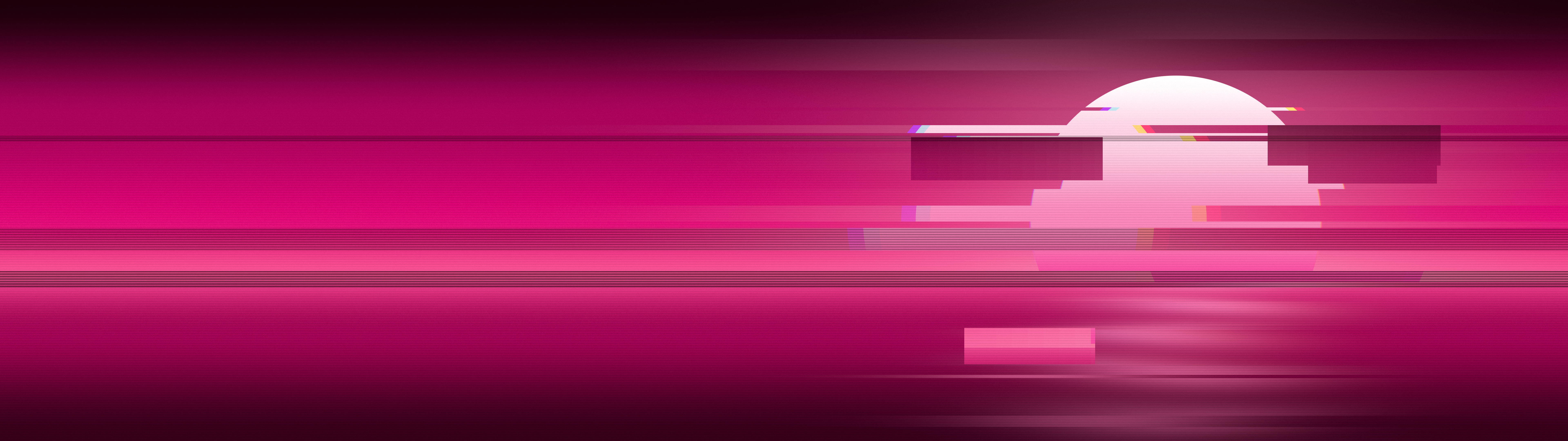 Hot Pink Glitch Sun dual monitor wallpaper, 7680 × 2160