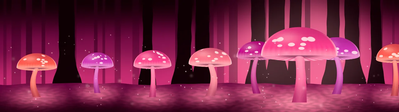 Hot Pink Glowing Mushrooms dual monitor wallpaper, 7680 × 2160