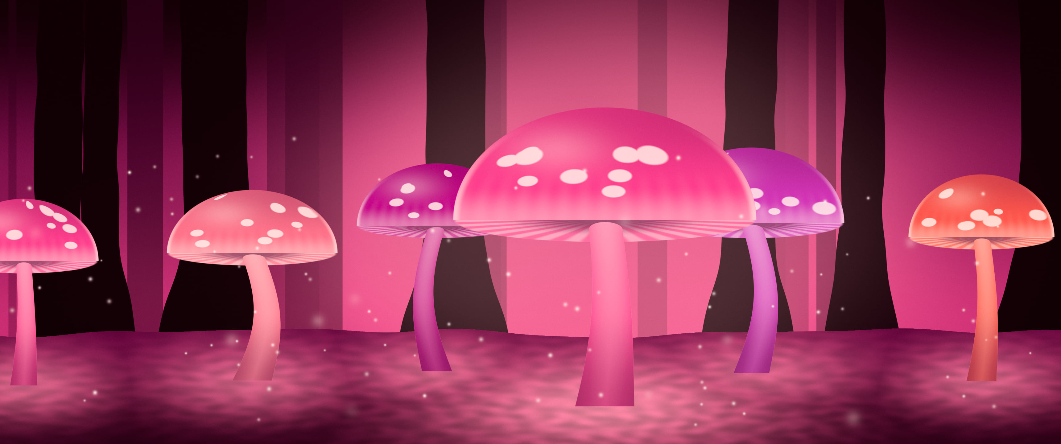 Hot Pink Glowing Mushrooms ultrawide wallpaper, 3440 × 1440
