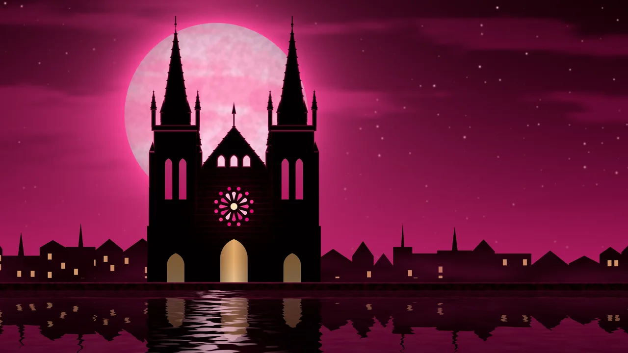 Hot Pink Gothic Cathedral and Full Moon desktop wallpaper in 4K