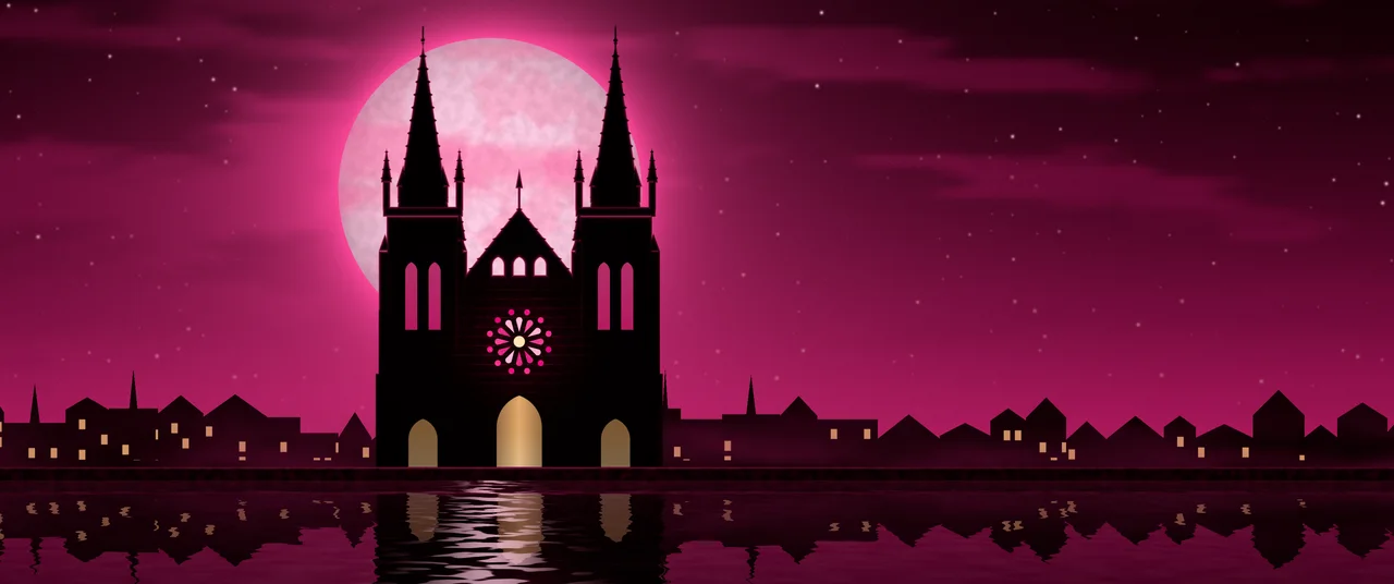 Hot Pink Gothic Cathedral and Full Moon ultrawide wallpaper, 3440 × 1440