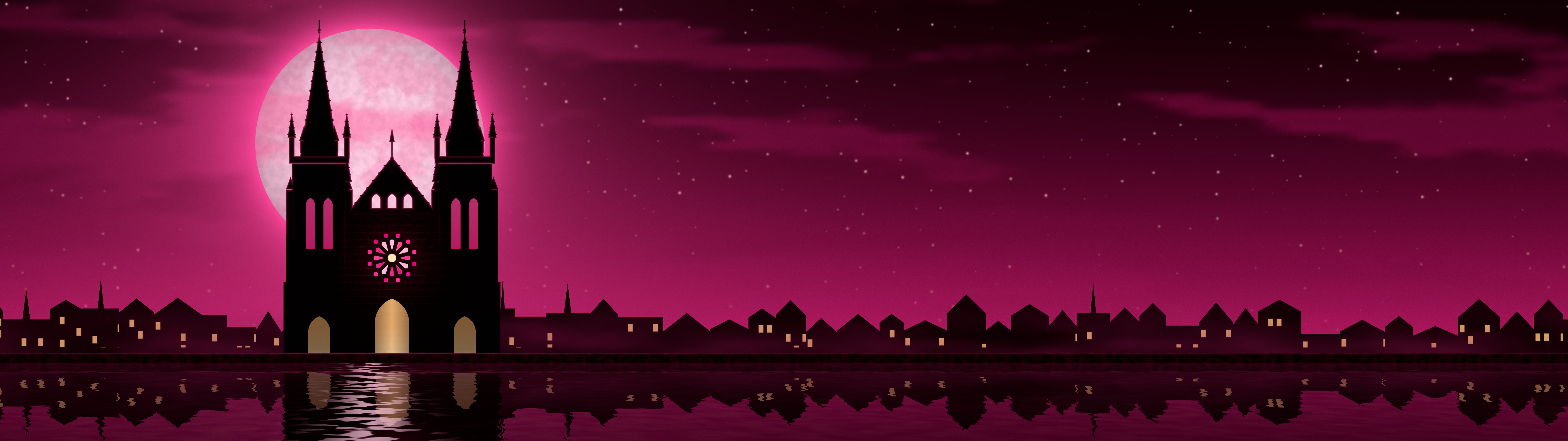 Hot Pink Gothic Cathedral and Full Moon dual monitor wallpaper, 7680 × 2160