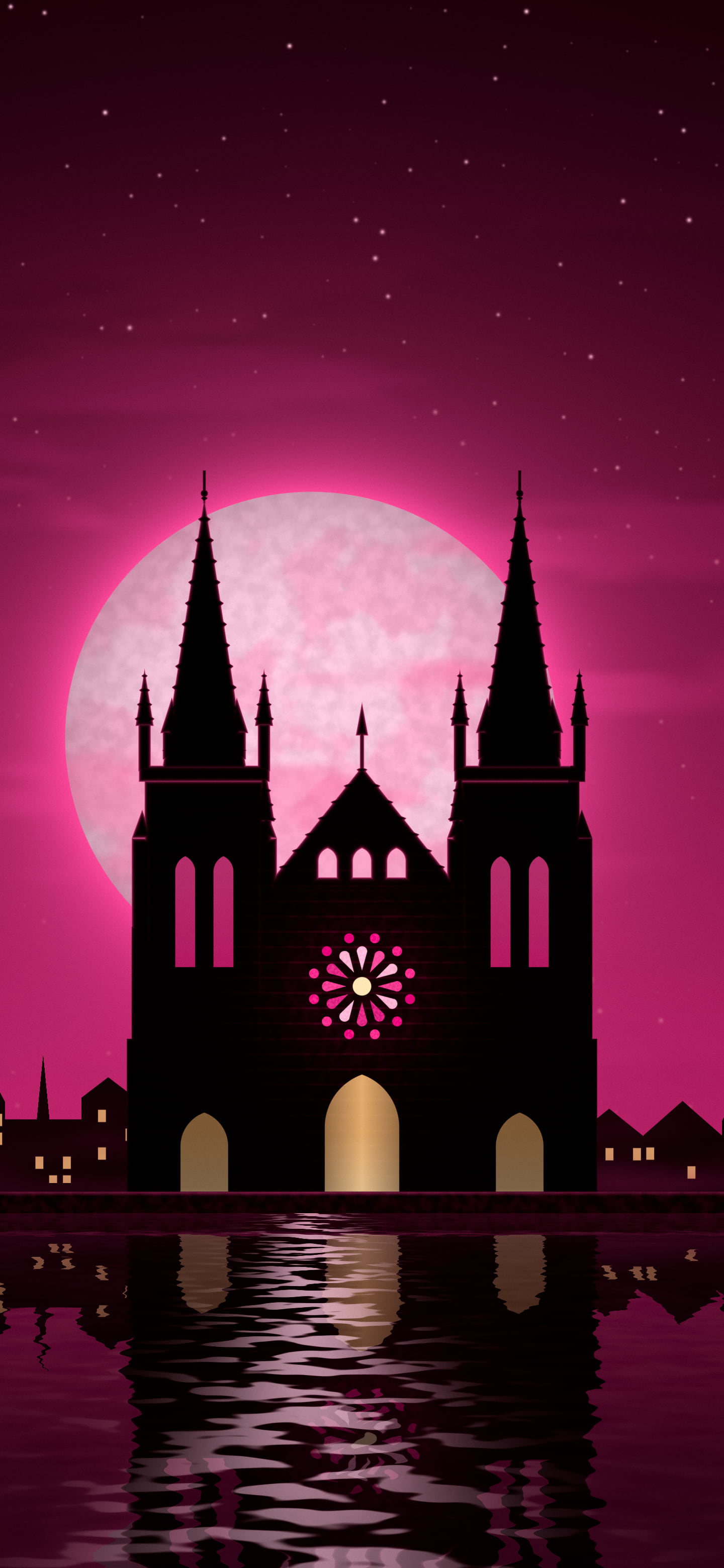 Hot Pink Gothic Cathedral and Full Moon wallpaper for iPhone and Android