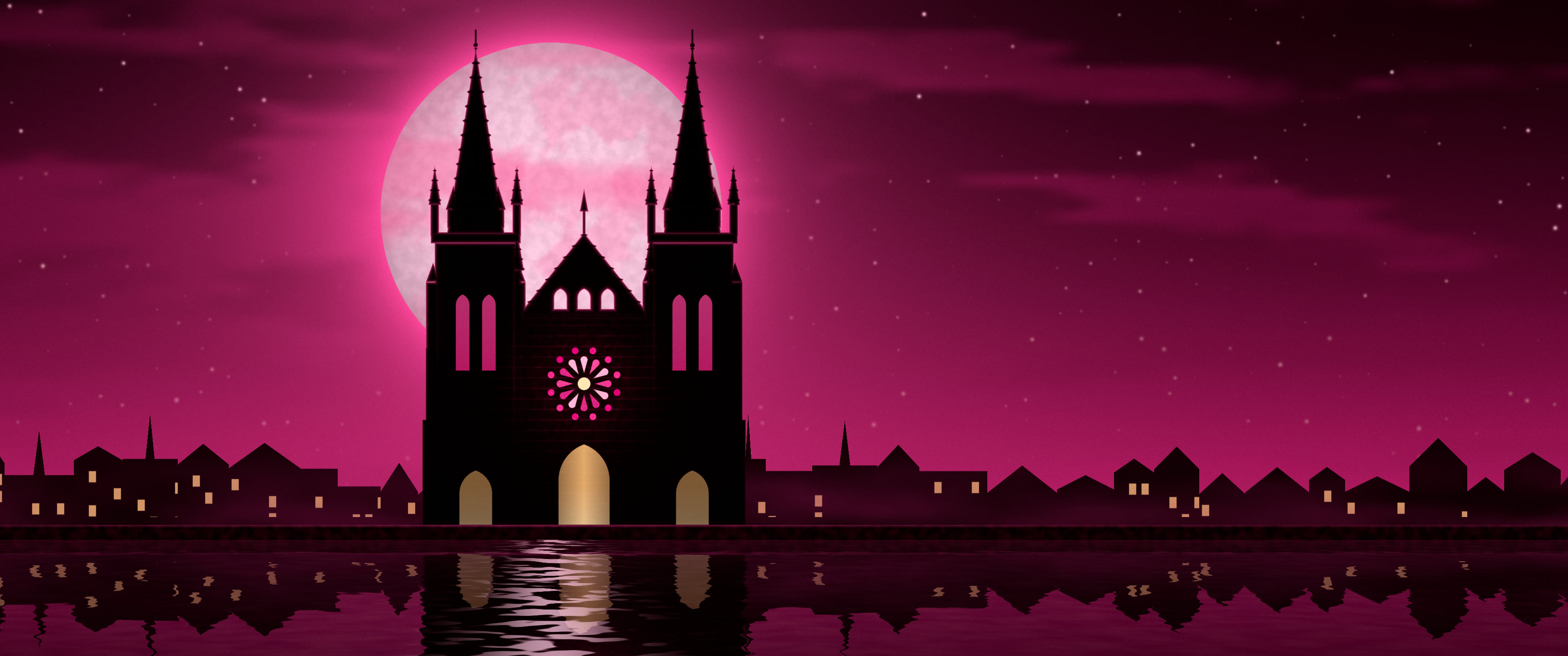 Hot Pink Gothic Cathedral and Full Moon ultrawide wallpaper, 3440 × 1440