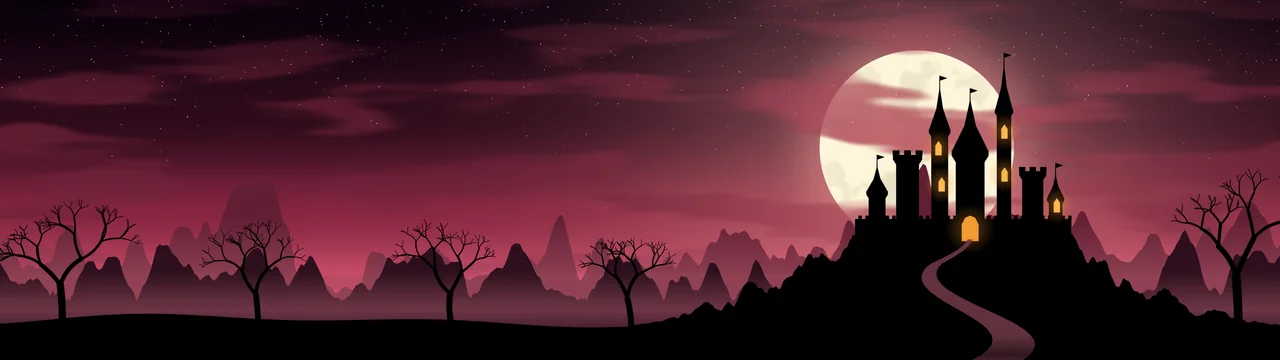 Hot Pink Haunted Castle dual monitor wallpaper, 7680 × 2160