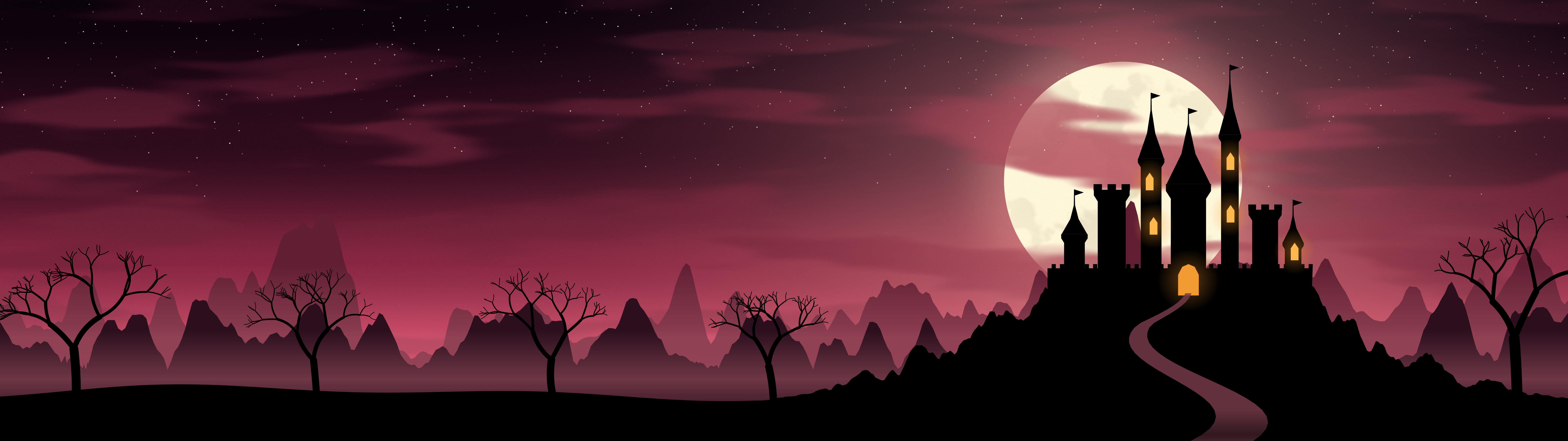 Hot Pink Haunted Castle dual monitor wallpaper, 7680 × 2160