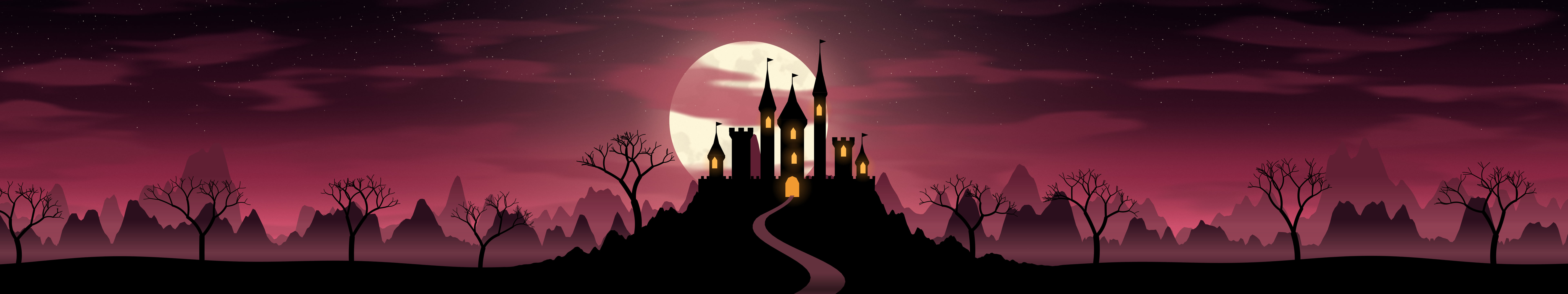 Hot Pink Haunted Castle triple monitor wallpaper, 7680 × 1440