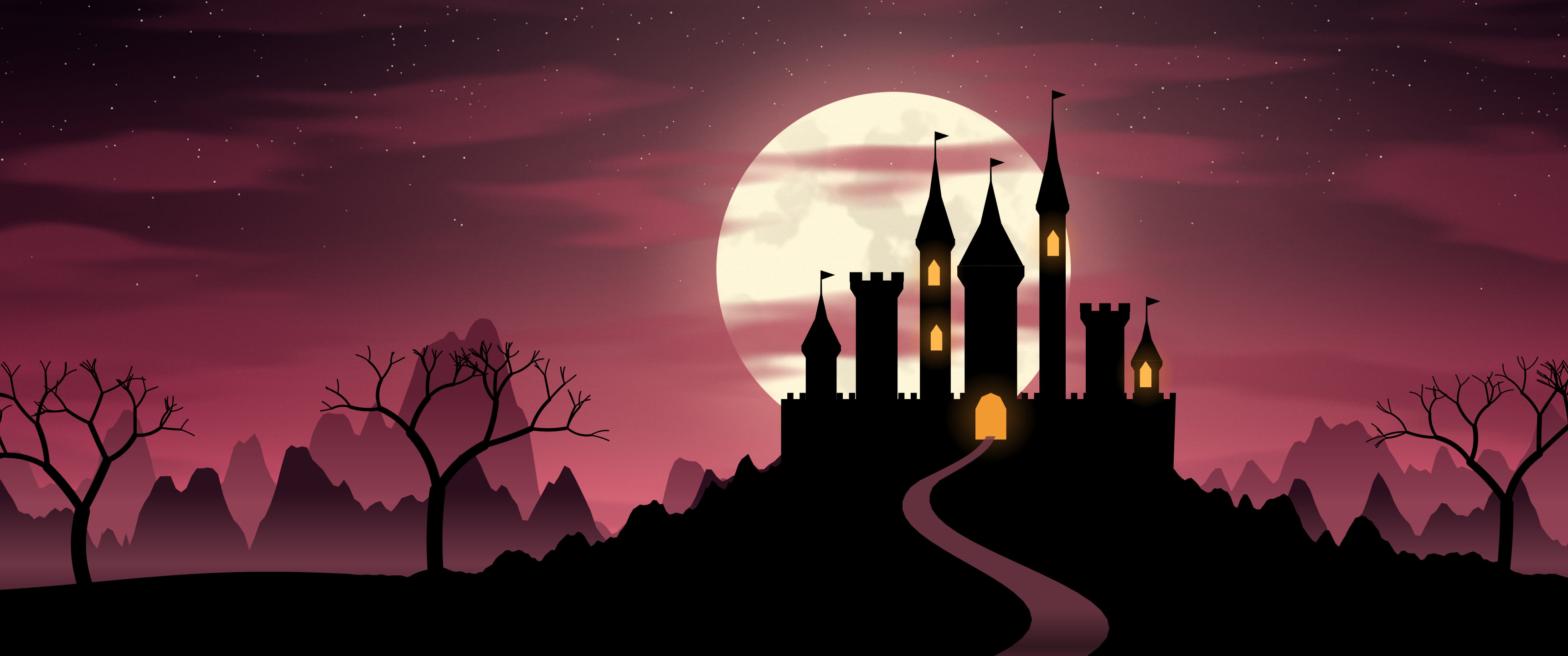 Hot Pink Haunted Castle ultrawide wallpaper, 3440 × 1440