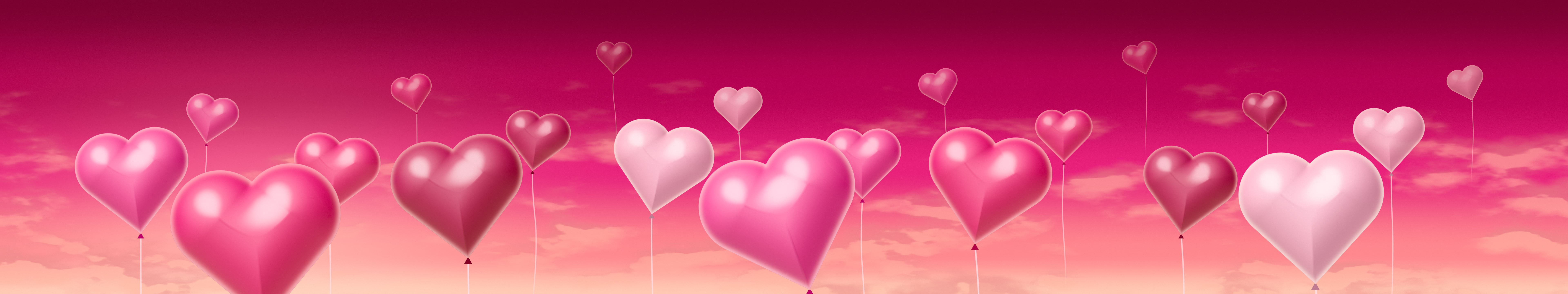 Hot Pink Heart Balloons triple monitor wallpaper, 7680 × 1440