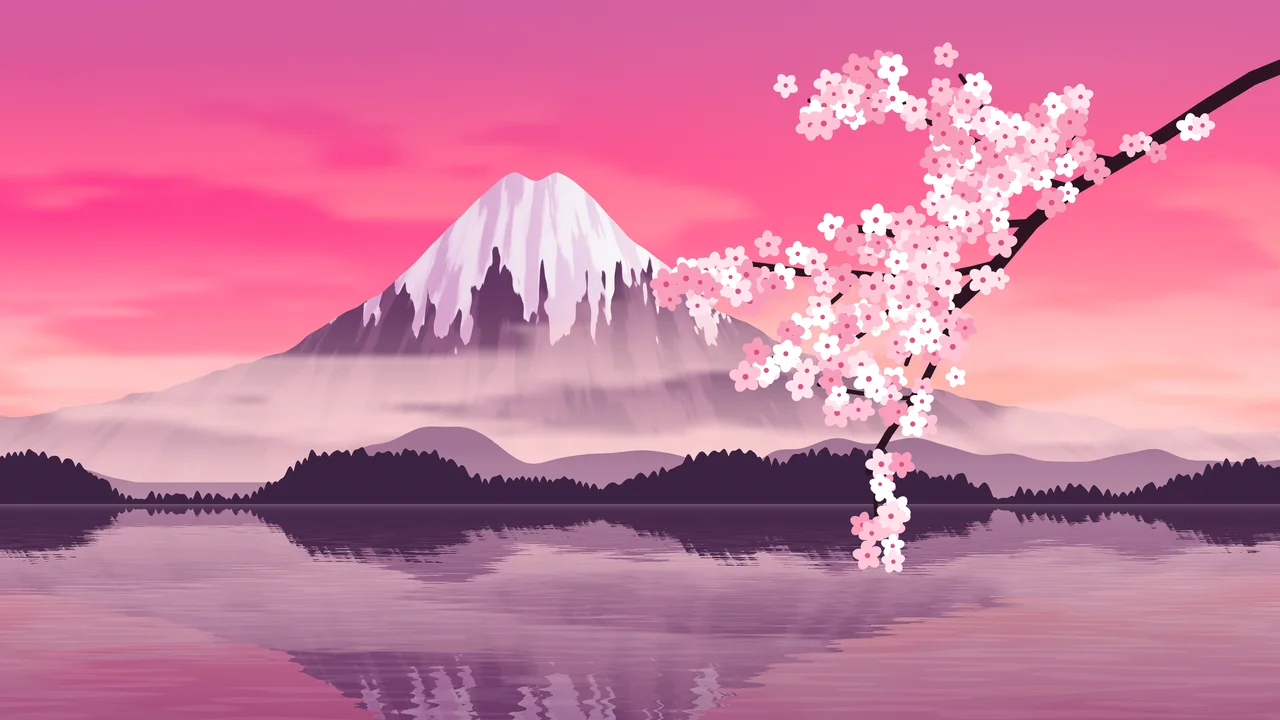 Hot Pink Japanese Mountain and Cherry Blossom desktop wallpaper in 4K