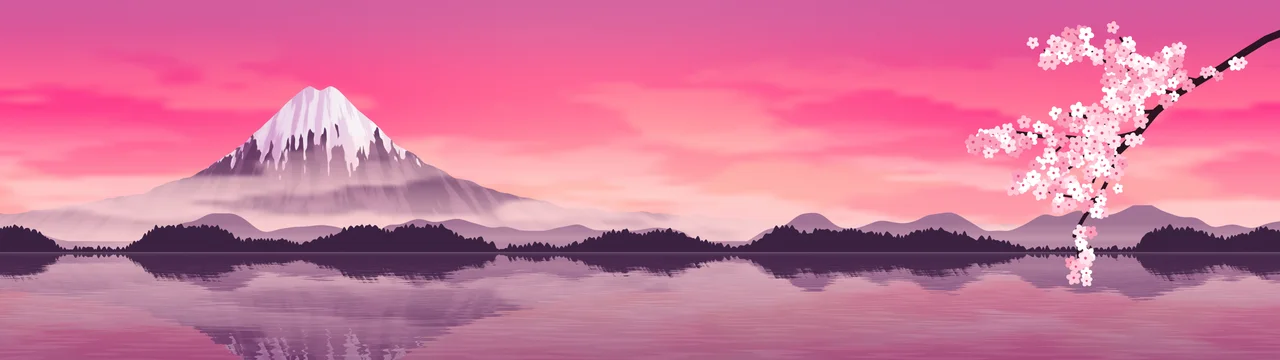 Hot Pink Japanese Mountain and Cherry Blossom dual monitor wallpaper, 7680 × 2160