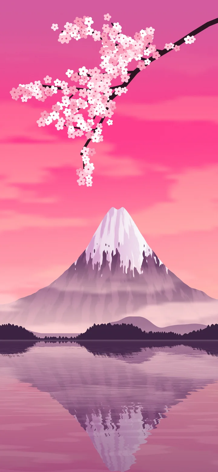 Hot Pink Japanese Mountain and Cherry Blossom wallpaper for iPhone and Android