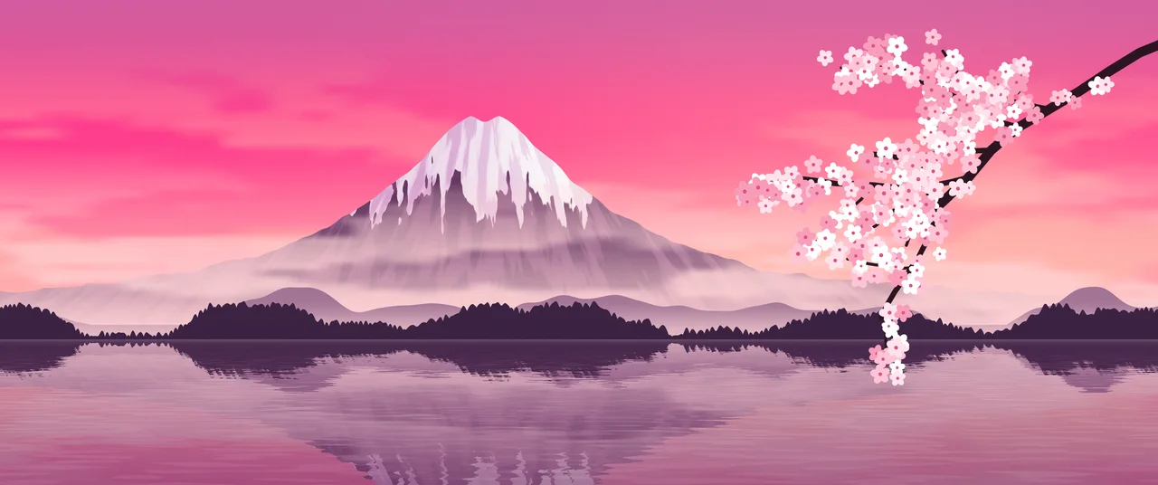 Hot Pink Japanese Mountain and Cherry Blossom ultrawide wallpaper, 3440 × 1440