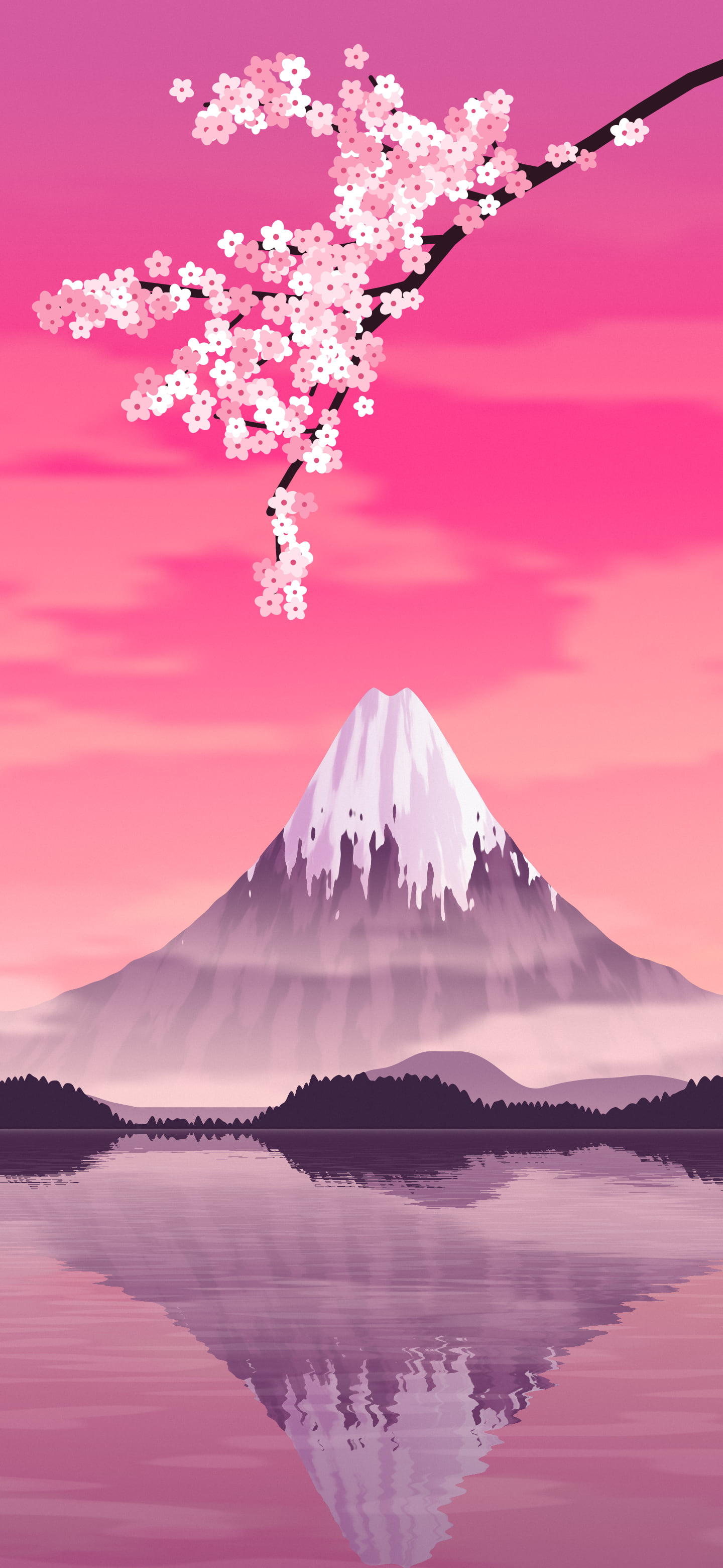 Hot Pink Japanese Mountain and Cherry Blossom wallpaper for iPhone and Android